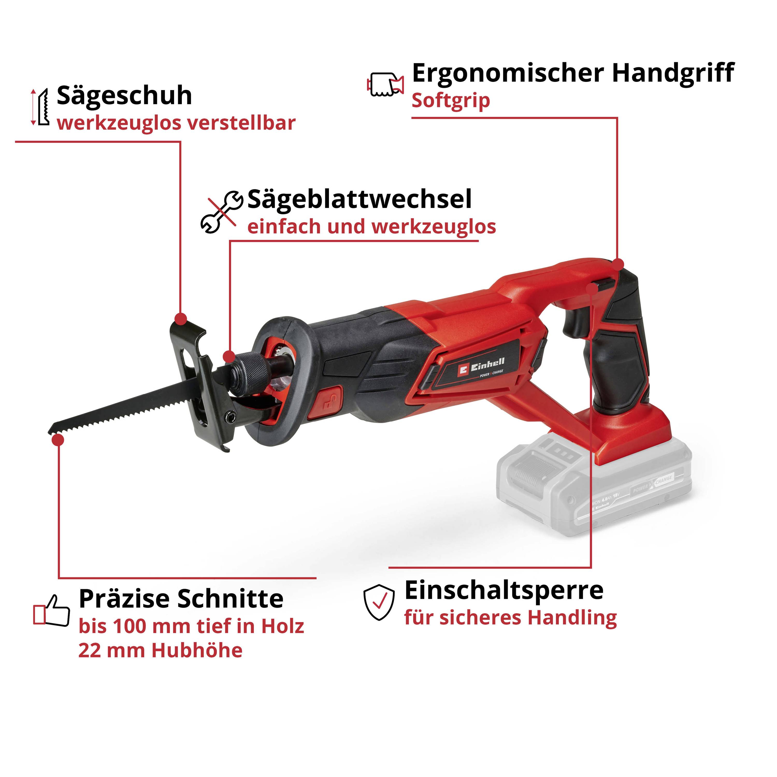 Akku-Säbelsäge in Rot und Schwarz mit ergonomischem Handgriff. Funktionen: werkzeuglos verstellbarer Sägeschuh, Säbelblattwechsel, präzise Schnitte.