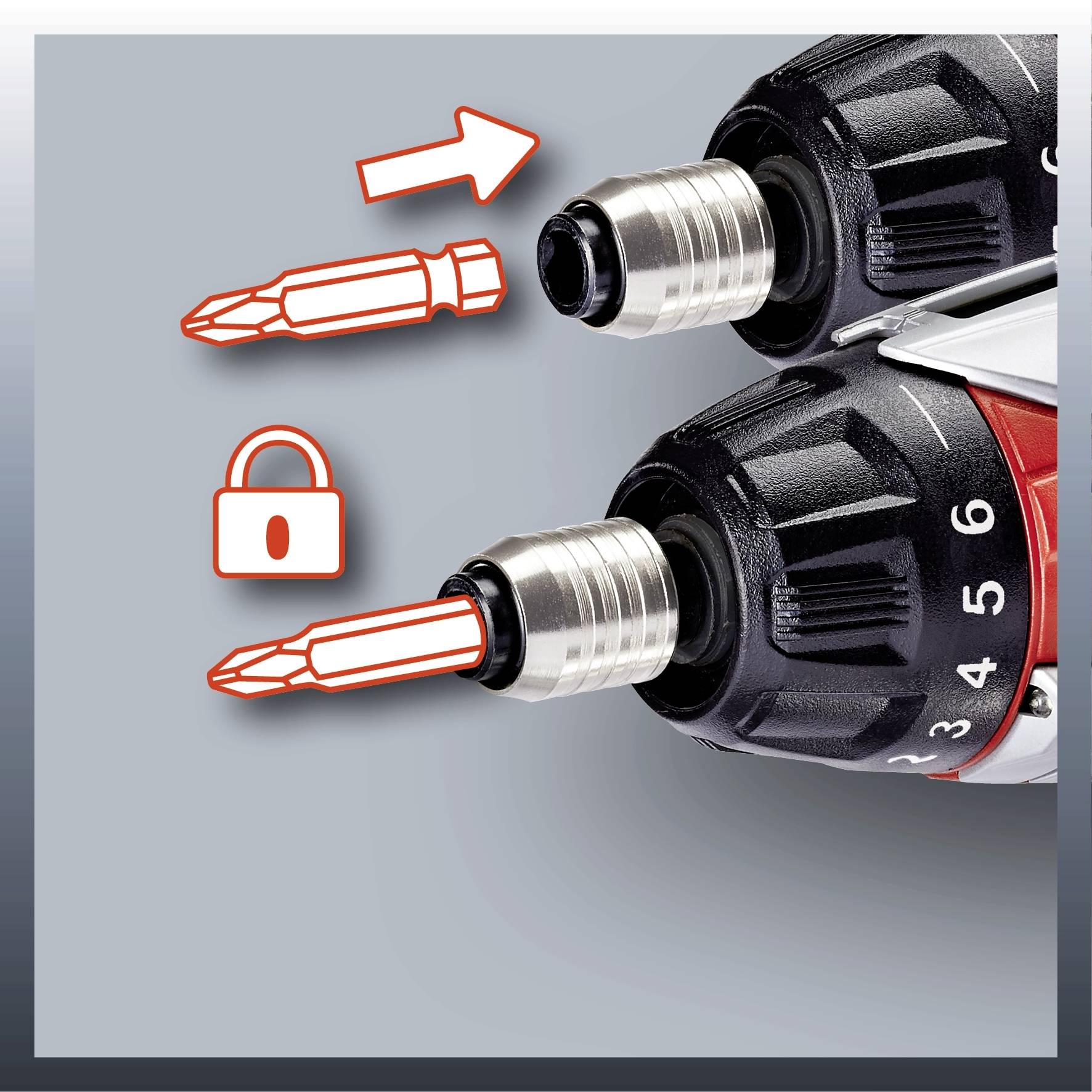 Ein elektrischer Schraubenzieher mit austauschbarem Bit-System. Ein Pfeil zeigt den Bit-Wechselmechanismus, ein Schloss-Symbol signalisiert Sicherheit.
