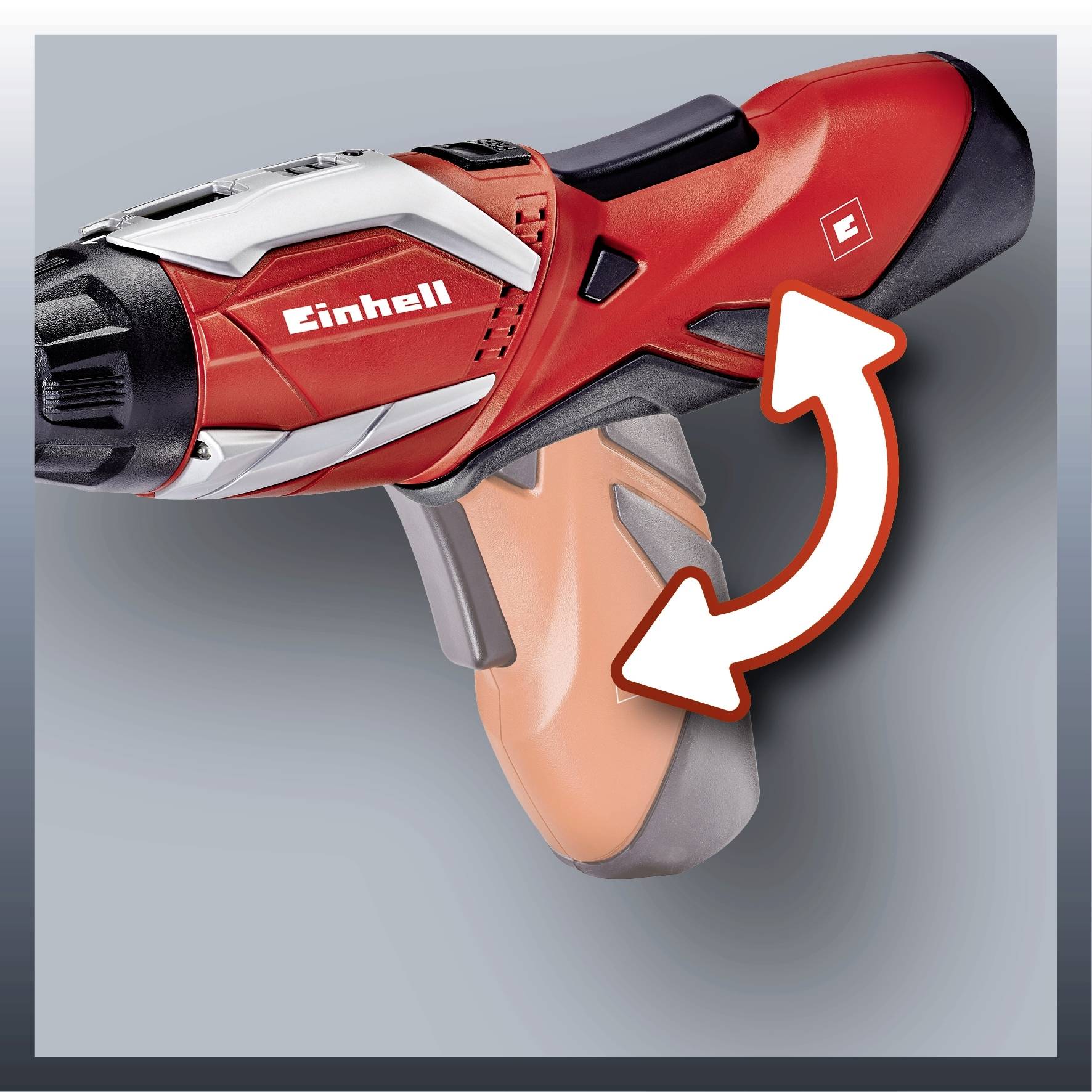 Abbildung eines roten Akkuschraubers mit ergonomischem Griff und einem Pfeil, der den Griff zeigt. Marke: Einhell.