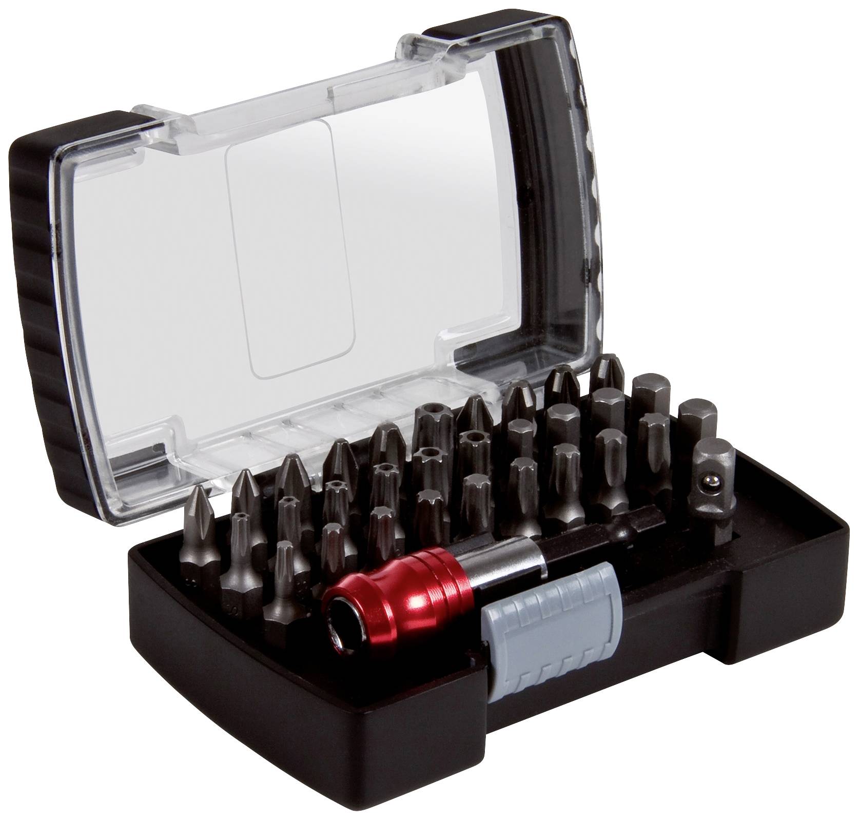 Ein Set aus mehreren Schraubendreher-Bits in einer offenen schwarzen Box mit transparentem Deckel, einschließlich eines roten Bithalters.