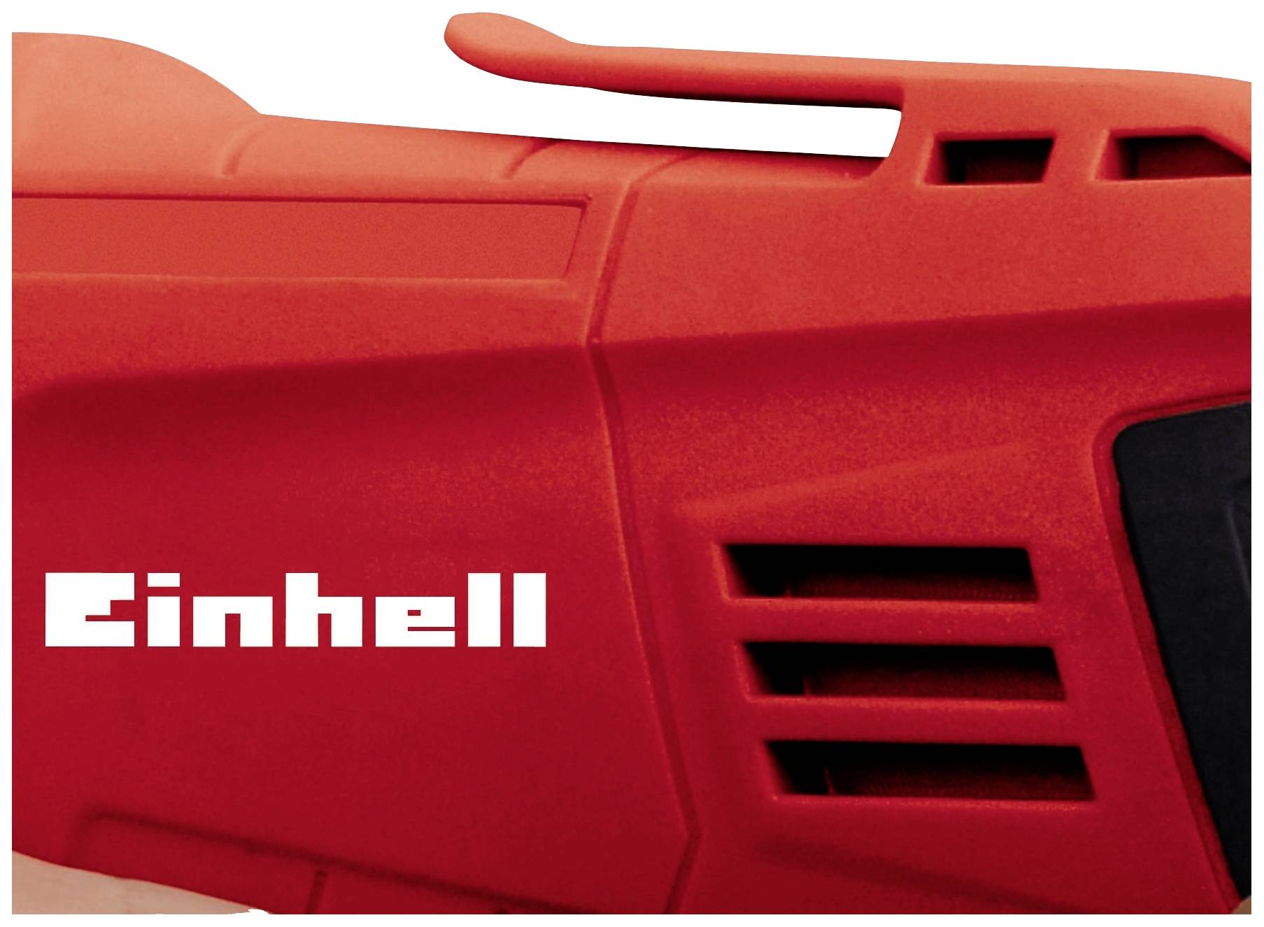 Nahaufnahme eines roten Elektrogeräts mit 'Einhell'-Logo rechts. Der Fokus liegt auf Lüftungsschlitze und ergonomischem Griffdesign.