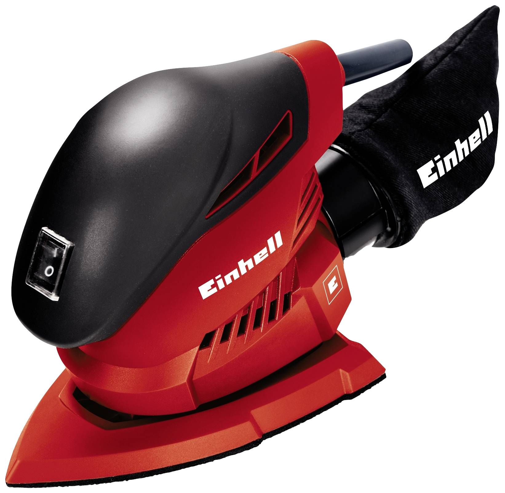 Ein roter Einhell-Dreieckschleifer mit schwarzem Griff und Staubauffangbeutel. Geeignet für Feinschliffarbeiten auf verschiedenen Oberflächen.