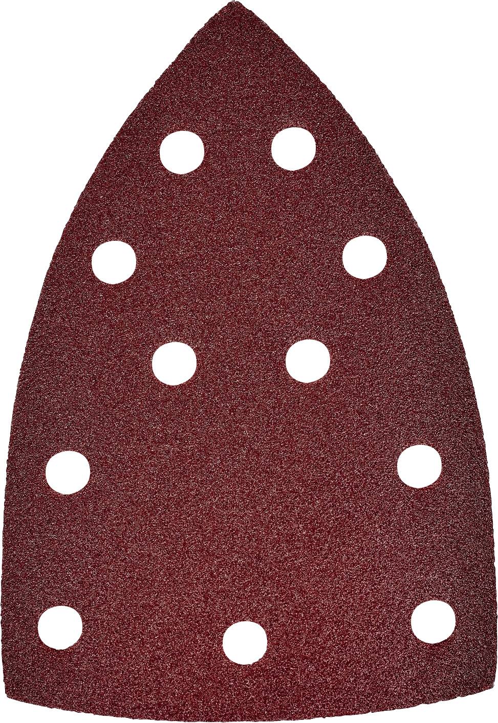 Ein rotes, dreieckiges Schleifpapier mit neun symmetrisch angeordneten runden Löchern.