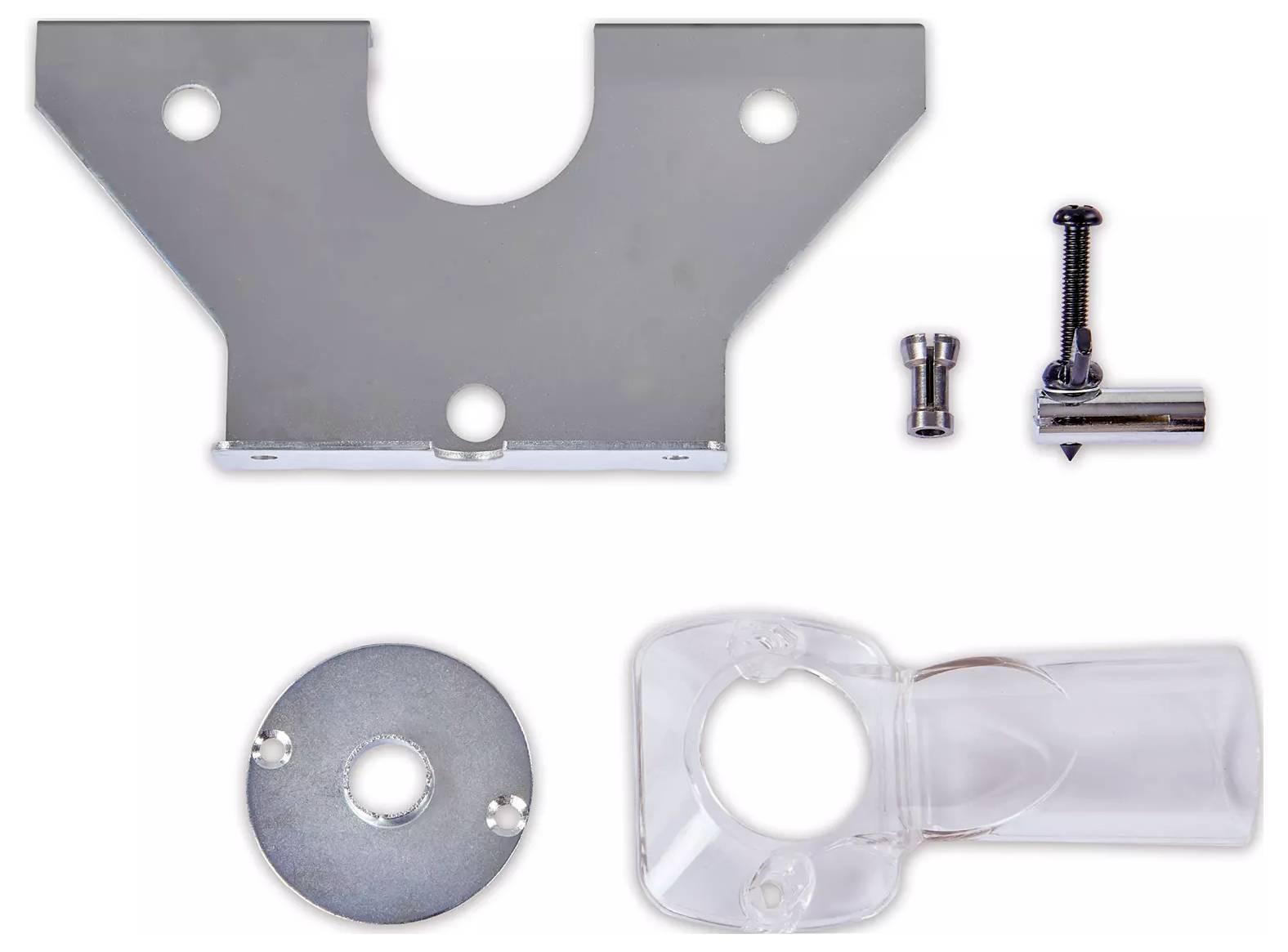 Metall- und Kunststoffteile eines Montage-Kits: eine Halterung mit Schrauben und Befestigungselementen, arrangiert auf einer weißen Fläche.
