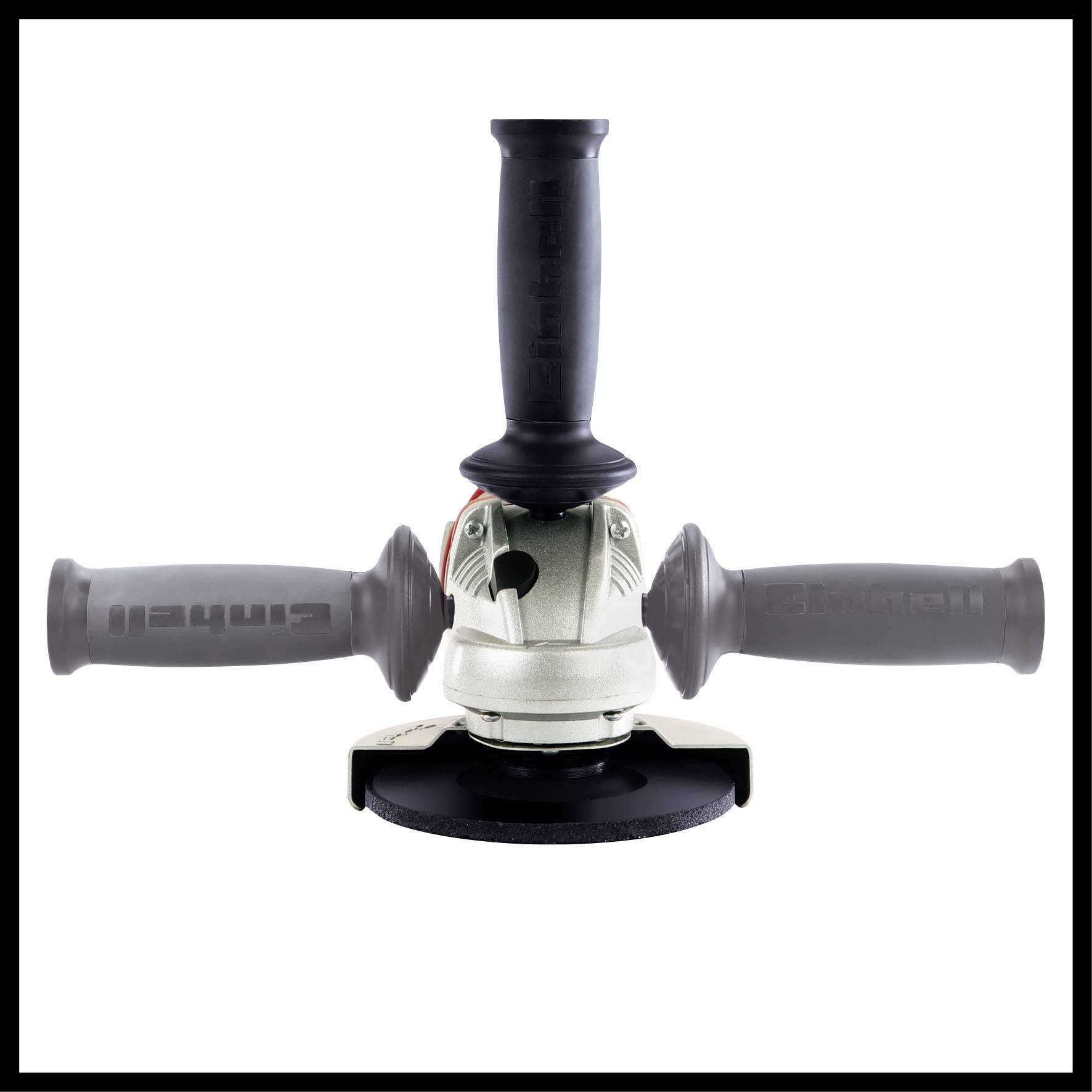 Schleifmaschine mit drei Griffen, einer oben und zwei seitlich, auf weißem Hintergrund.