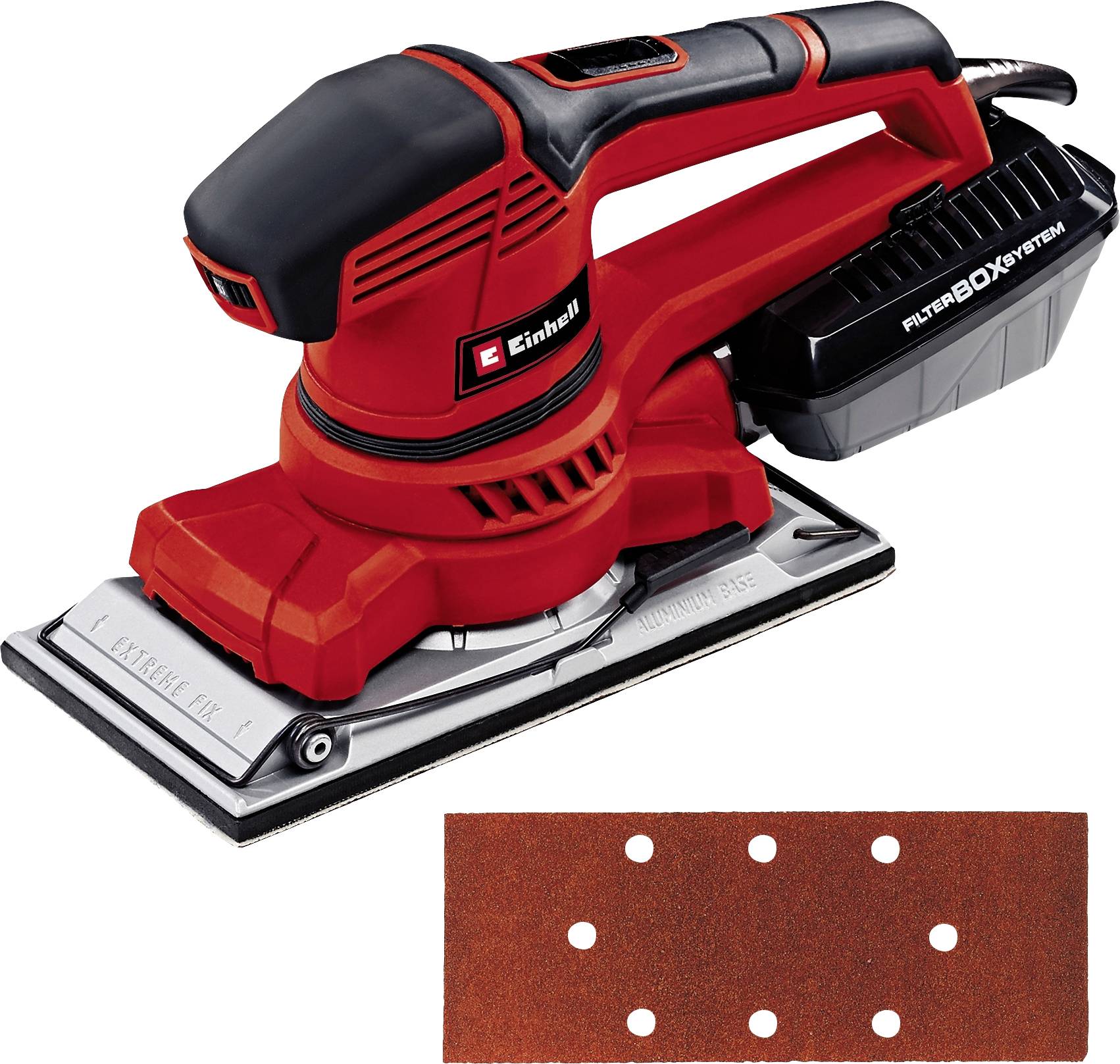Ein roter Schwingschleifer von Einhell mit Filterbox und einem separaten Schleifpapier mit Löchern.