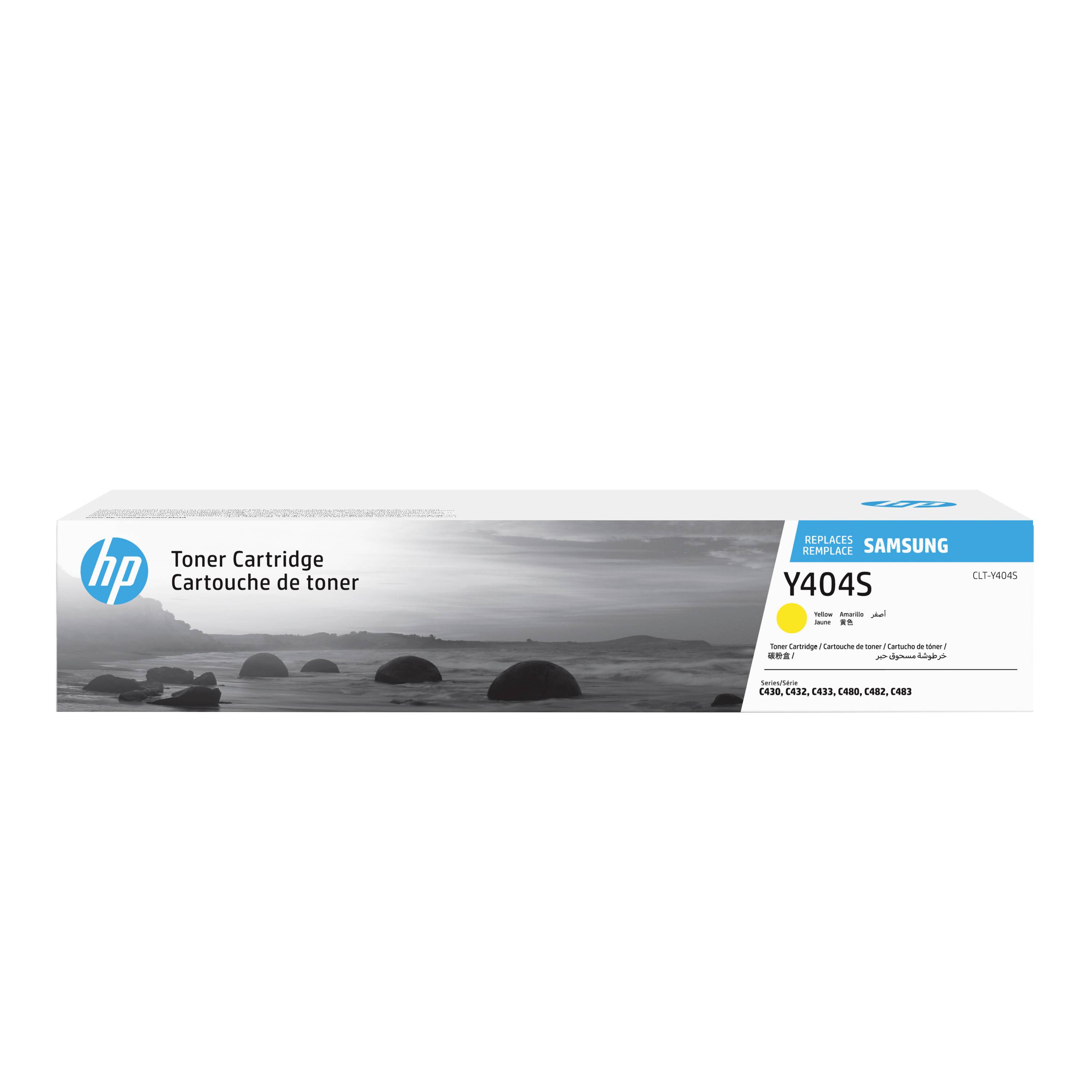 HP-Tonerpatronenschachtel für Samsung-Drucker, gekennzeichnet mit Y404S, mit einem Graustufenlandschaftsbild auf der Verpackung.