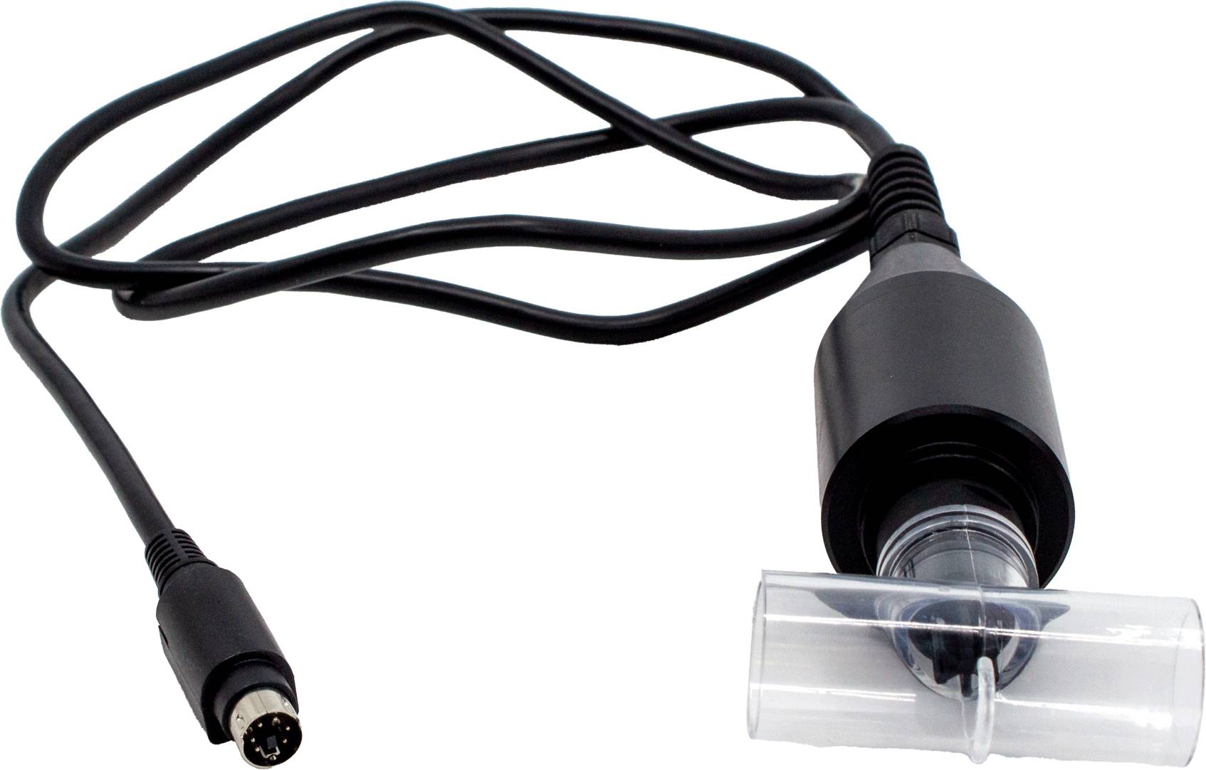 Ein schwarzes Kabel mit einem runden Anschluss und einem Kunststoffadapter am anderen Ende, verwendet für medizinische Geräte.