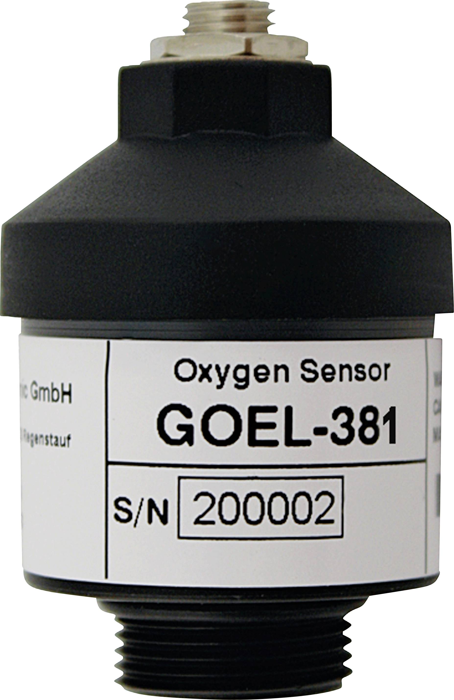 Sauerstoffsensor GOEL-381, S/N 200002, von Dräger GmbH. Schwarzer und silberner zylindrischer Sensor mit Anschluss auf der Oberseite.
