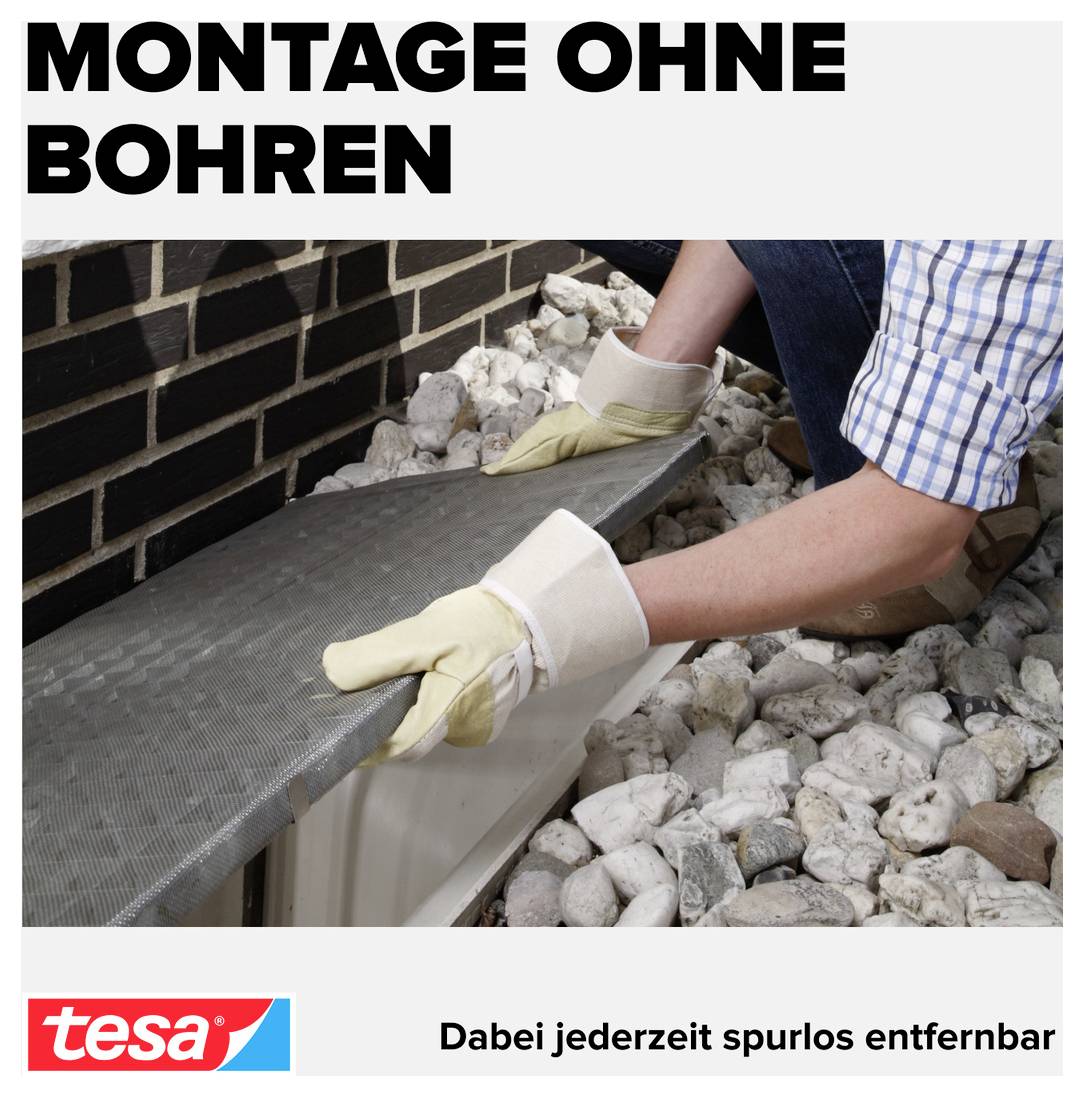 Werbung für tesa: Eine Person befestigt eine Leiste ohne Bohren; Text 'MONTAGE OHNE BOHREN' und 'Dabei jederzeit spurlos entfernbar'.