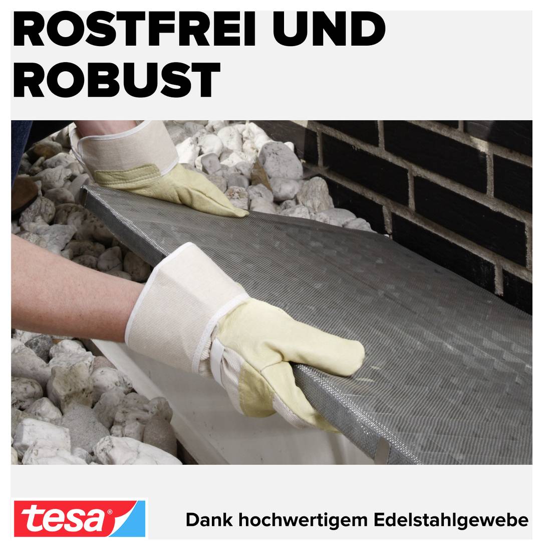 Werbung für ein robustes Edelstahlgewebe: Handschuhe ziehen ein Metallgitter an Steinen entlang; unten steht 'tesa' und 'Dank hochwertigem Edelstahlgewebe'.