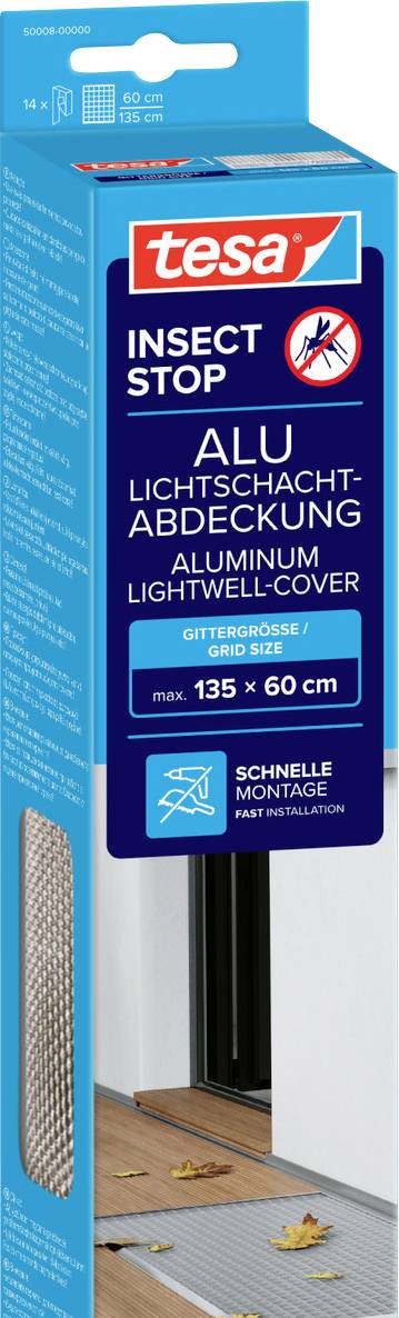 Verpackung für tesa Insect Stop Alu Leichtschachtabdeckung, zeigt eine Aluminium-Mesh-Abdeckung für Fenster, max. 135 x 60 cm, mit Schnellinstallationssymbol.