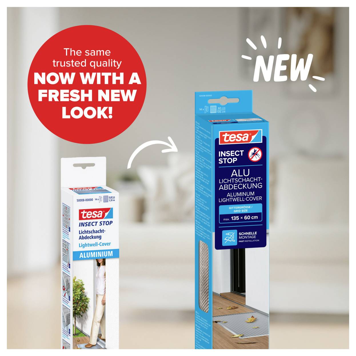 Werbung zeigt tesa Insektenschutz mit neuem Look: links alte, rechts neue Verpackung; Hinweis 'same trusted quality', 'NEW' und Pfeil zur Änderung.