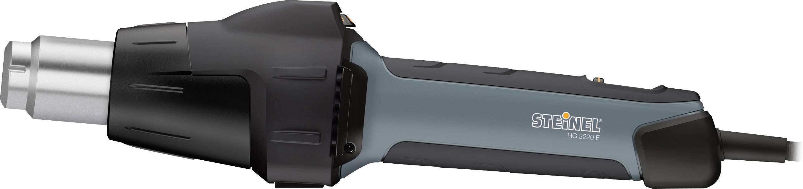 Ein Heißluftgebläse in seitlicher Ansicht, Modell von Steinel, mit ergonomischem Griff und robustem Gehäuse, hauptsächlich schwarz und grau.