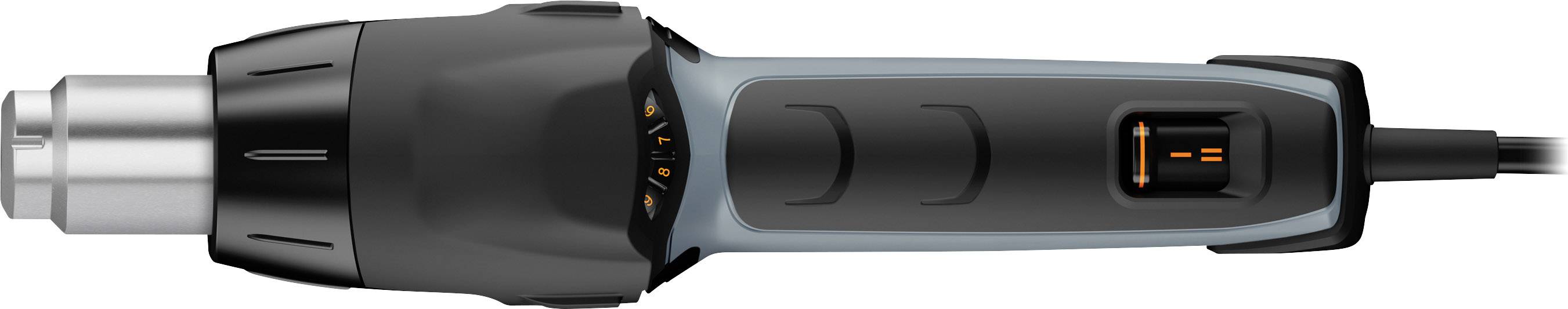 Ein schwarzer, grauer Heißluftföhn mit verschiedenen Temperatureinstellungen. Das Gerät hat ein modernes Design und ist elektrisch.