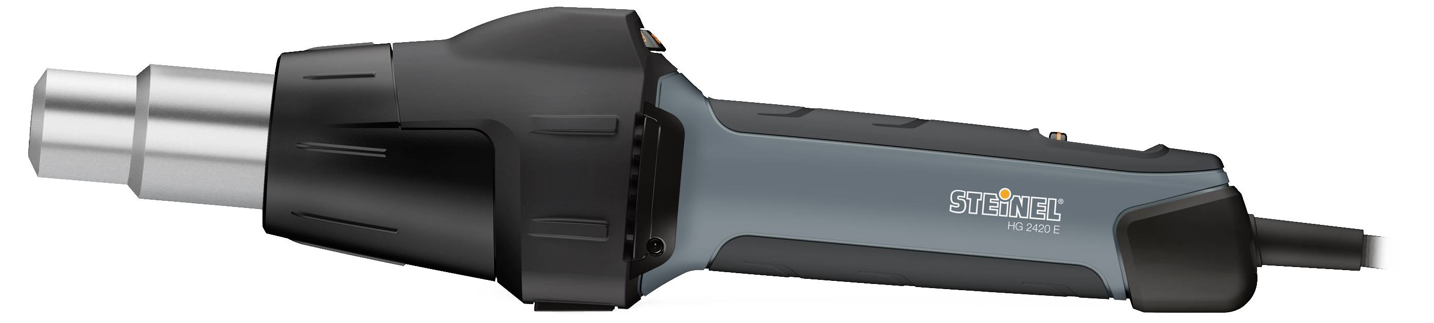 Eine blaue und schwarze Heißluftpistole mit silberner Düse, seitlich gezeigt. Markiert mit dem Namen eines Herstellers.