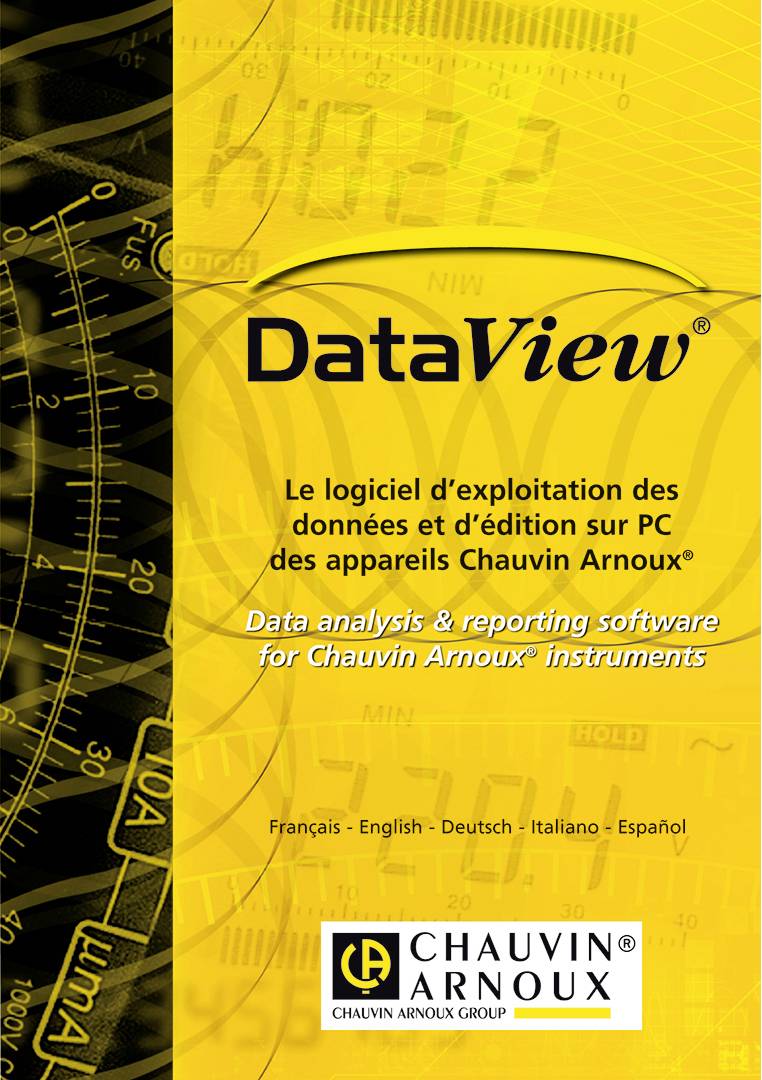 'DataView' Software-Werbung; analysiert und berichtet Daten von Chauvin Arnoux Instrumenten. Unterstützung in fünf Sprachen.