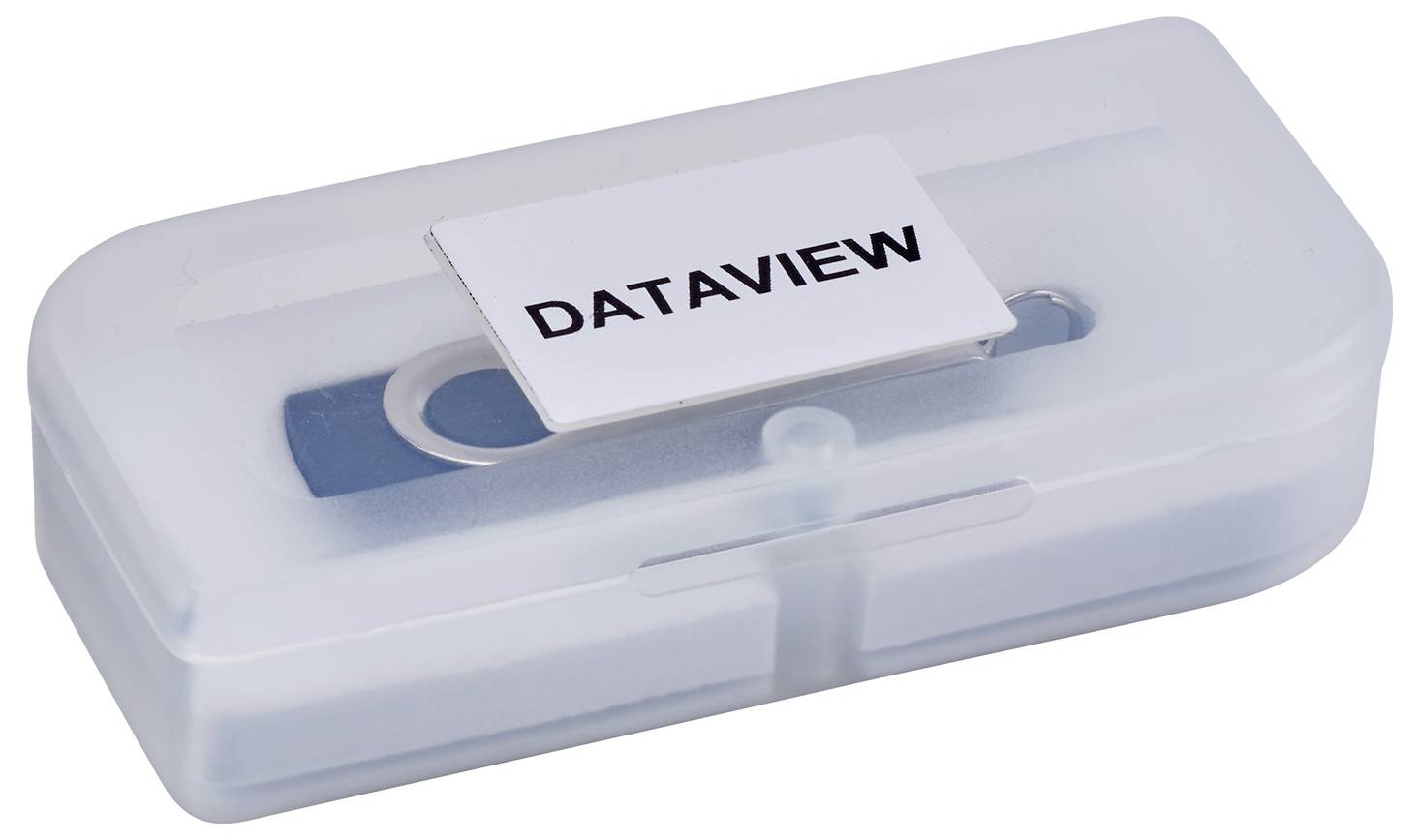 Ein USB-Stick mit der Aufschrift 'DATAVIEW' liegt in einer transparenten Kunststoffbox.