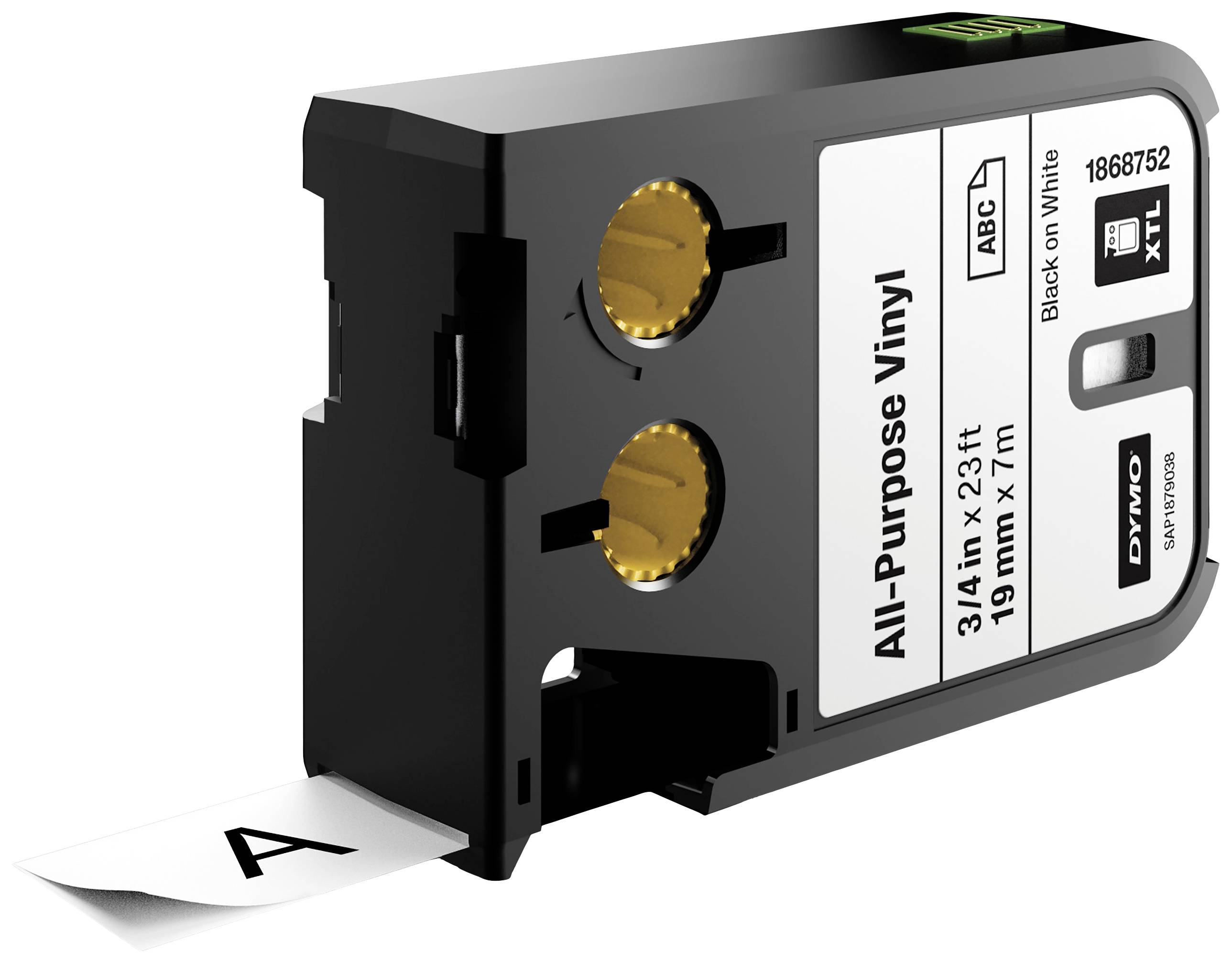 Schwarze DYMO XTL Allzweck-Vinyl-Etikettenkassette, 19 mm x 7 m, mit herausragendem Abschnitt für Einfach-ABC-Druck.