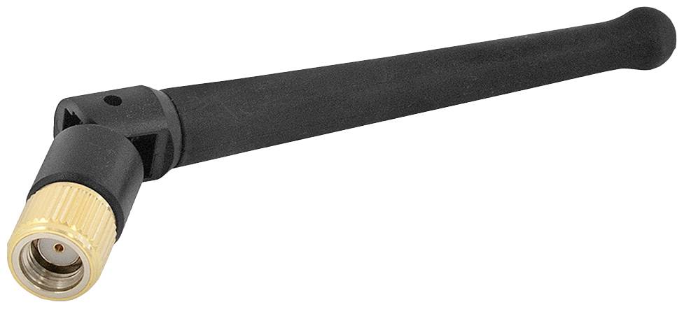 Schwarze Gummiantenne mit goldener Schraubverbindung. Verwendet zur Signalübertragung bei drahtlosen Geräten.