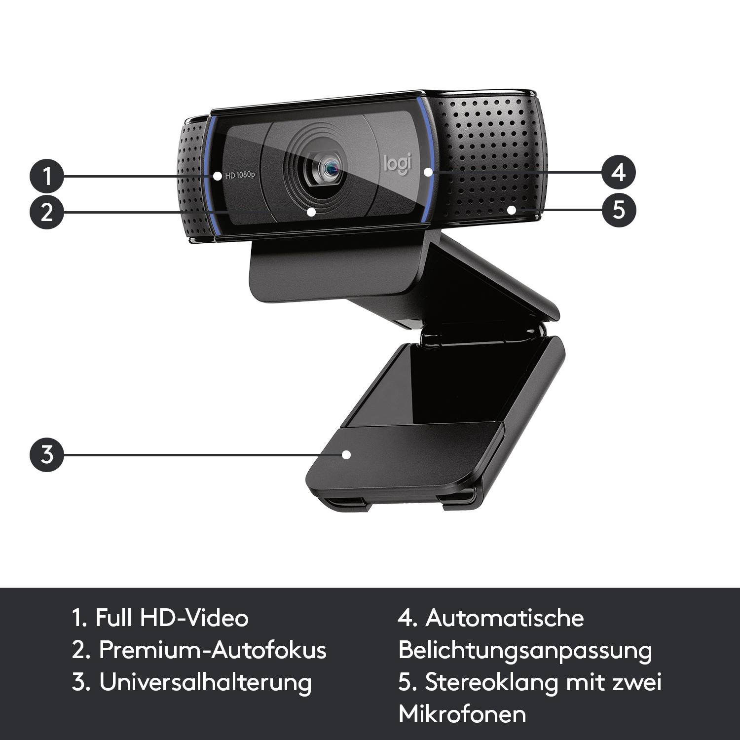 Logitech HD Pro C920 Full HD-Webcam 1920 x 1080 Pixel Klemm-Halterung