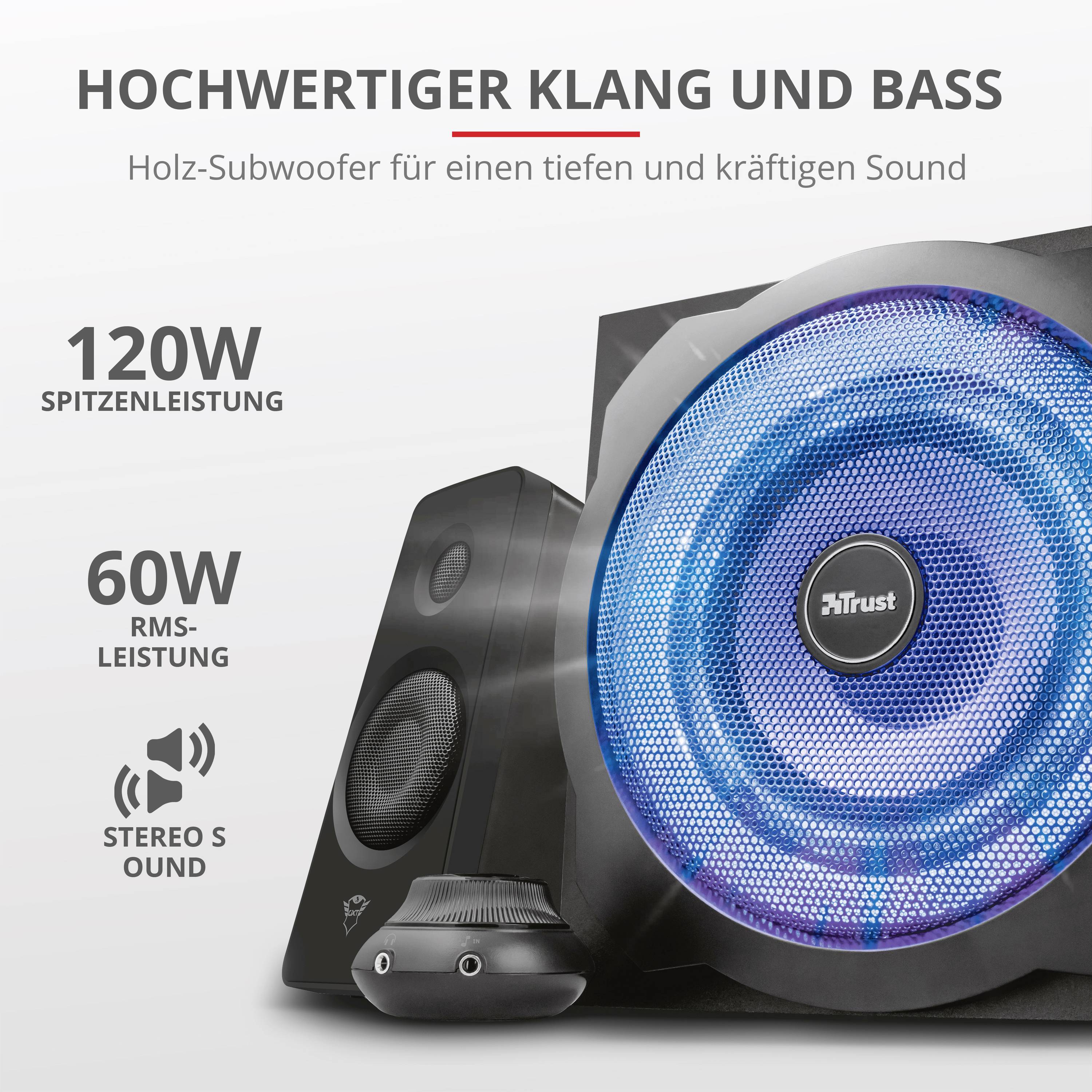 Trust GXT 628 2.1 Tytan LED 2.1 PC-Lautsprecher Kabelgebunden 120 W Schwarz, Blau