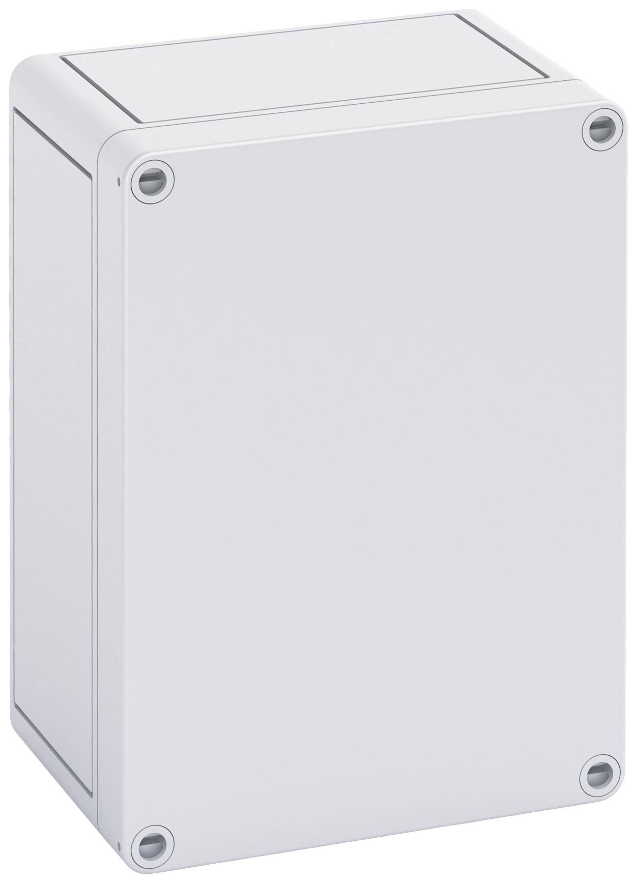 Weiße, rechteckige Kunststoffbox mit abgerundeten Ecken und vier Schrauben an den Ecken. Geeignet für elektrische Installationen.