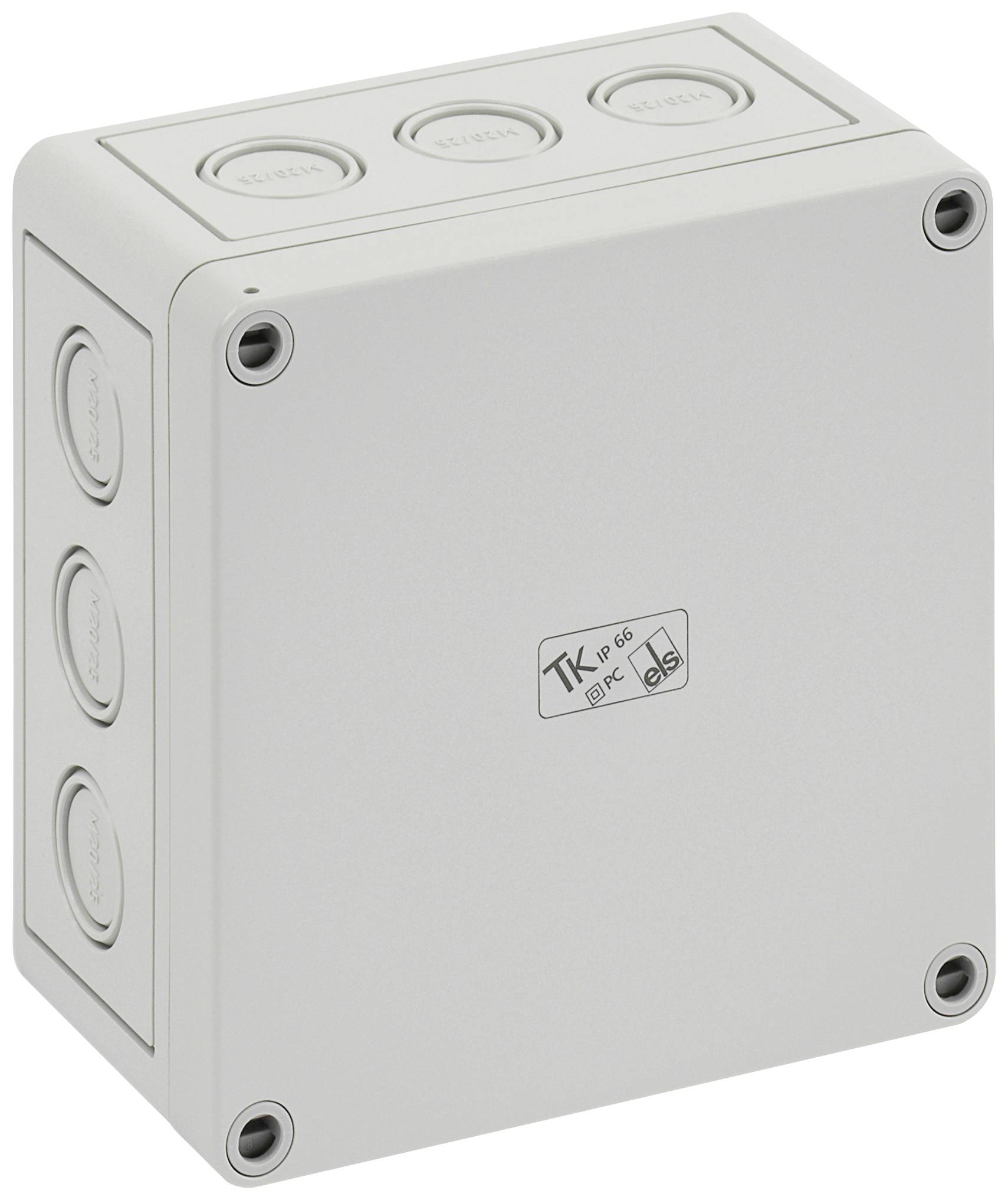 Eine graue elektrische Verteilerdose mit vier Verschlusskappen an den Seiten und auf der Oberseite. Markierung zeigt 'TK IP66'.