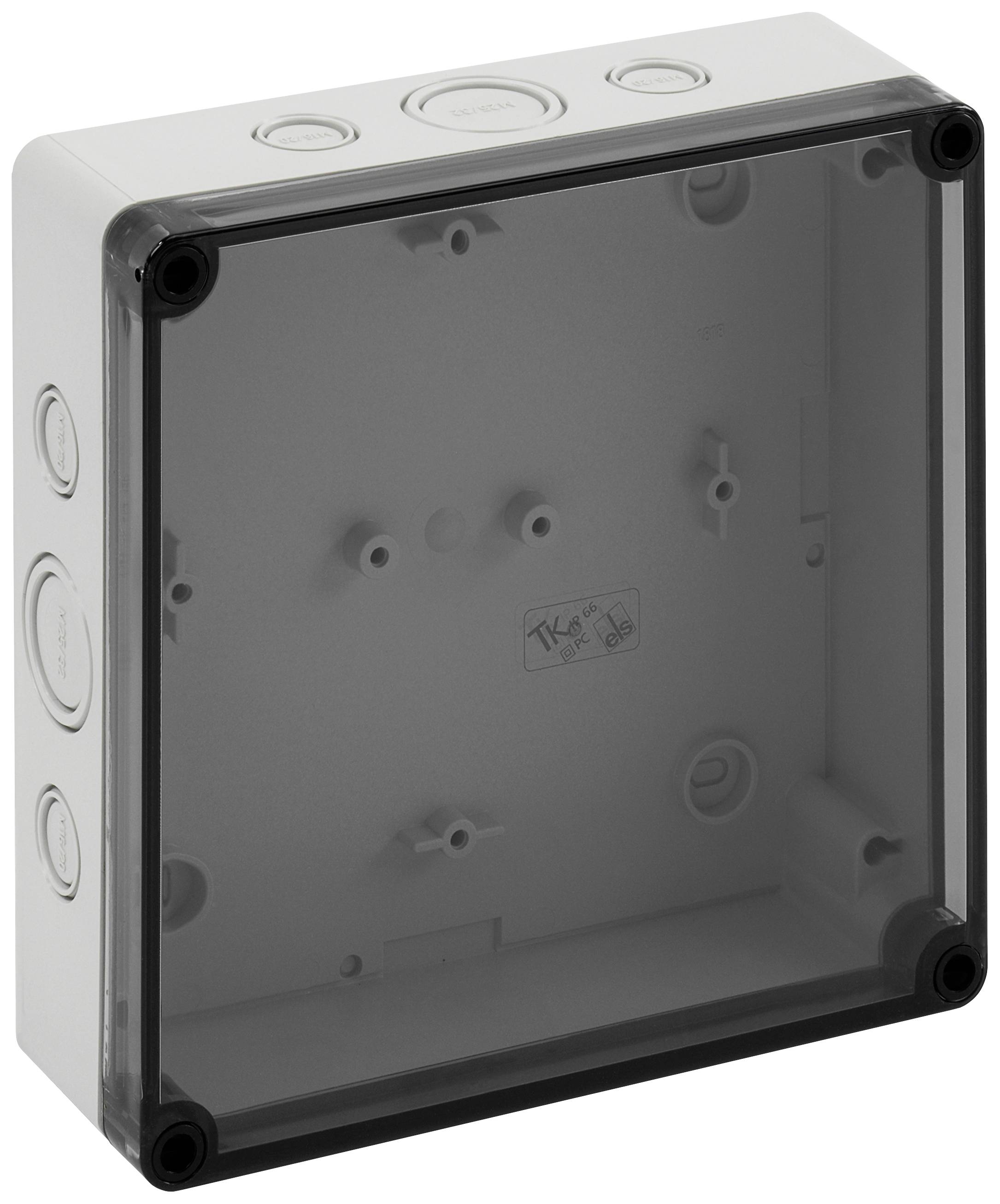 Grau-transparente, quadratische Verteilerbox aus Kunststoff mit mehreren zugänglichen Kabelöffnungen auf der Oberseite und den Seiten.
