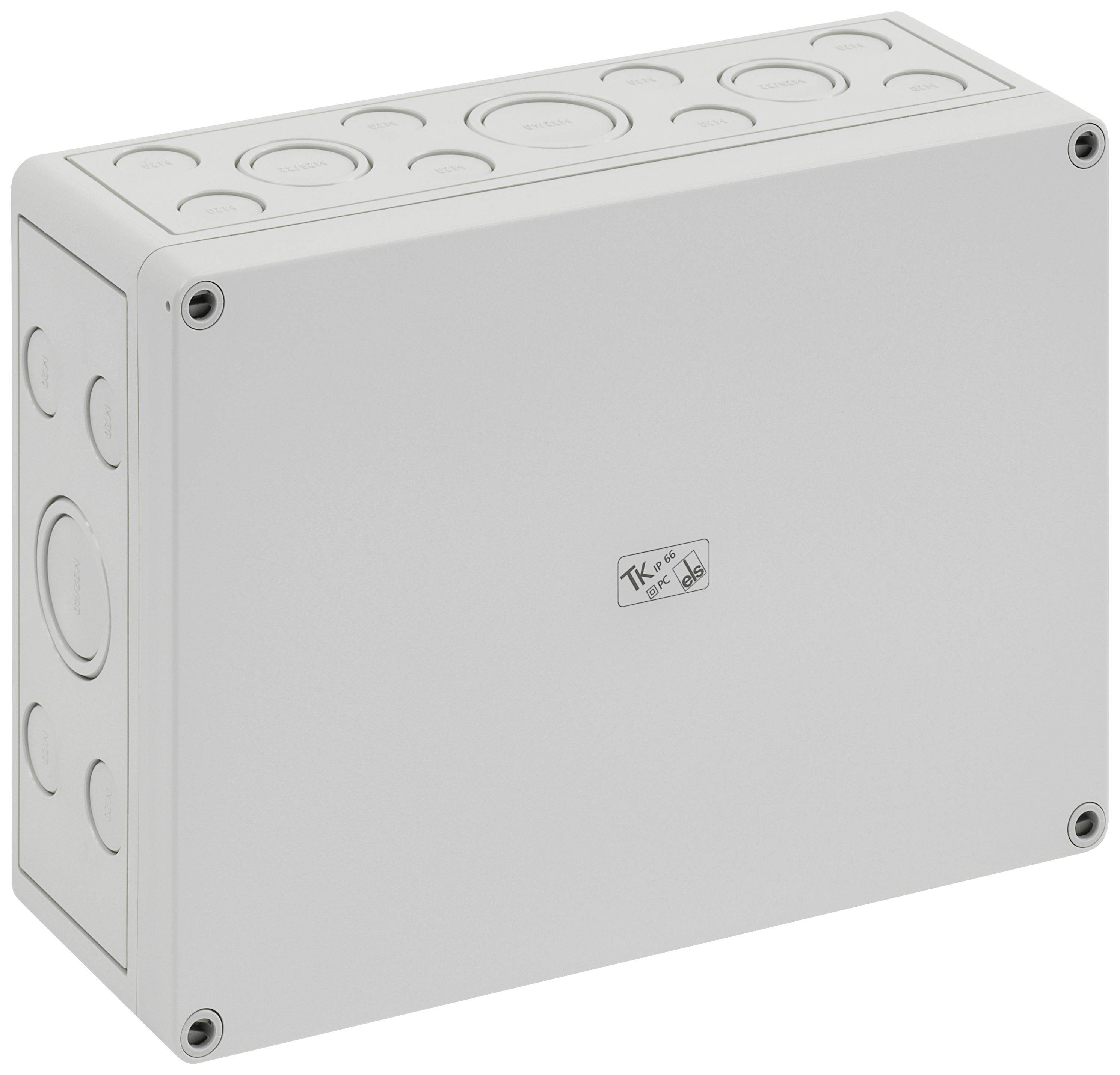 Eine graue Elektroinstallationsdose mit abnehmbaren Seitenblenden, geeignet für Kabelmanagement in elektrischen Anlagen.