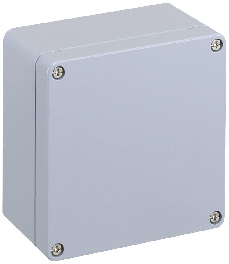 Ein rechteckiges, graues Metallgehäuse mit vier Schrauben an den Ecken, möglicherweise ein elektrischer Sicherungskasten.