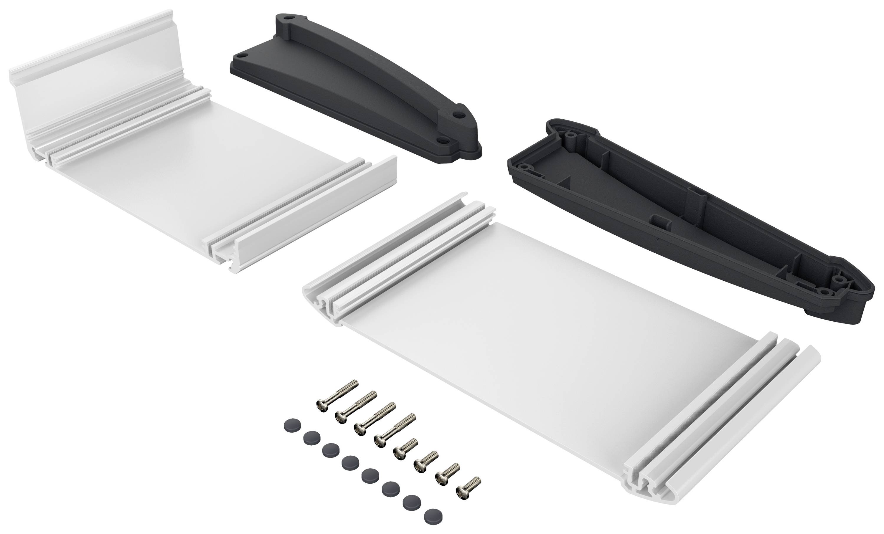 Montageset mit zwei weißen Halterungen, zwei schwarzen Abdeckungen, Schrauben und Dübel. Geeignet für Regal- oder Möbeleinbau.