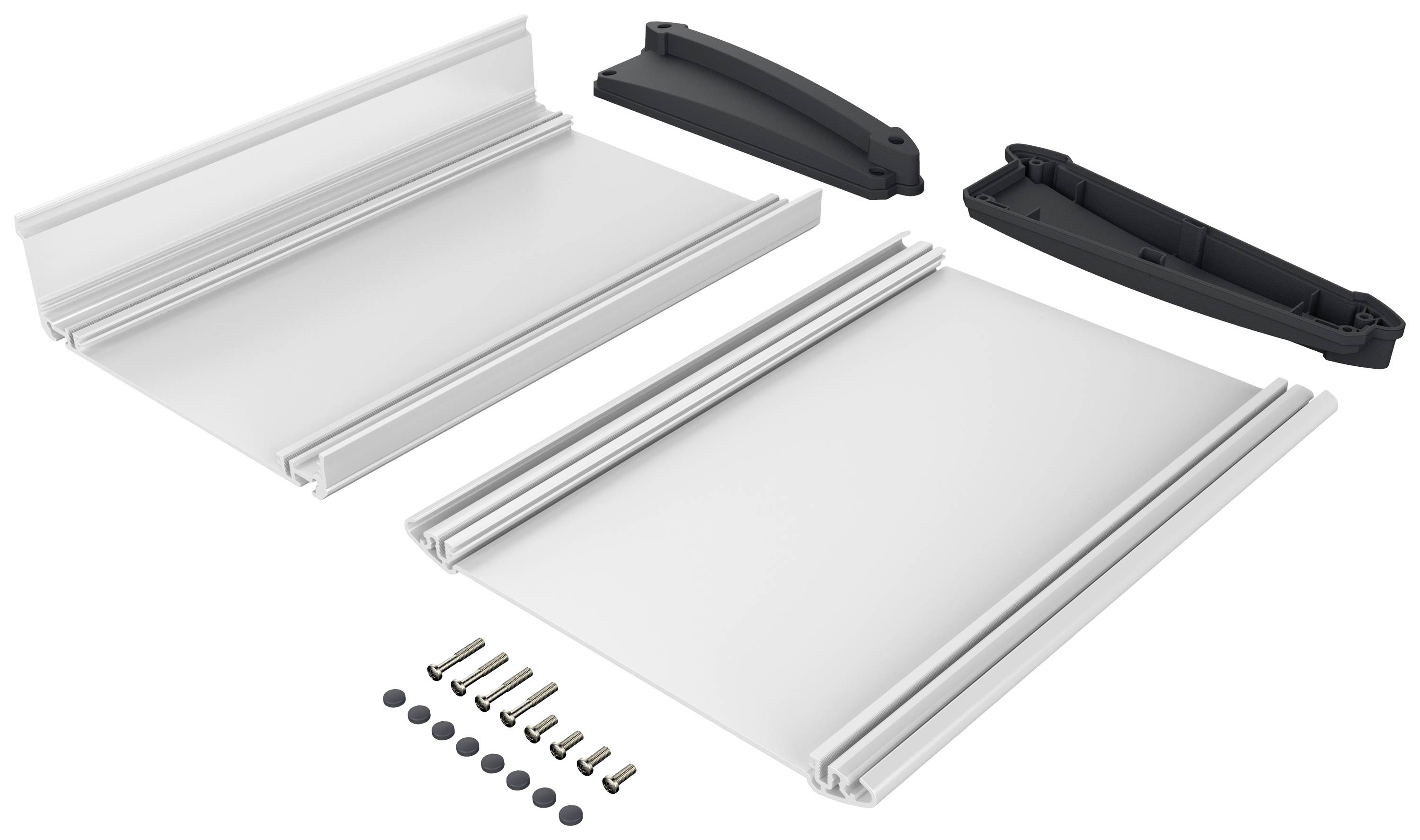 Aluminium-Dachgepäckträger-Set bestehend aus zwei Schienen, vier Schrauben und Kunststoffbefestigungen.