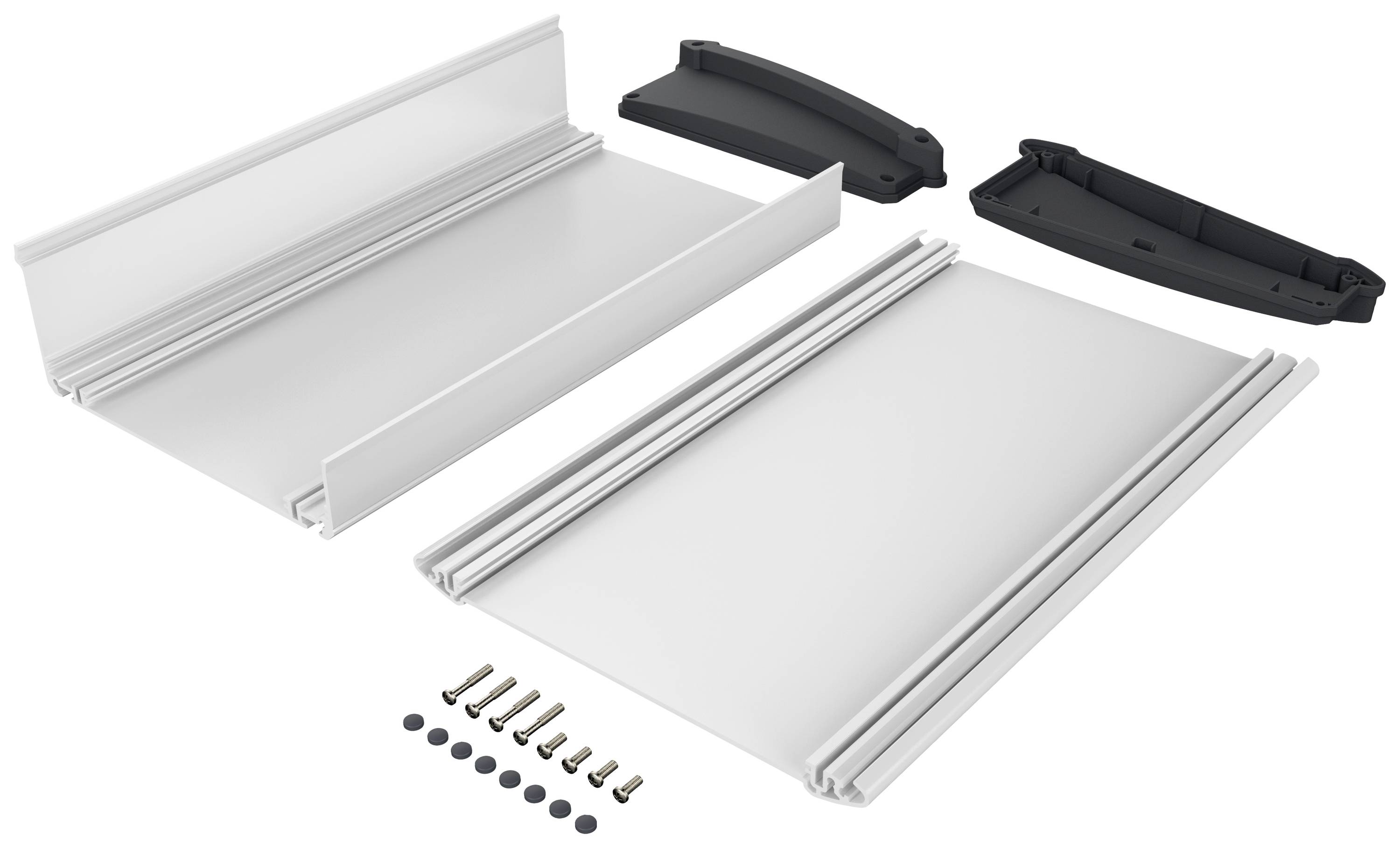 Weißes Montageset mit zwei Kunststoffplatten, schwarzen Endkappen und Schrauben. Enthält alle Teile zur einfachen Befestigung.
