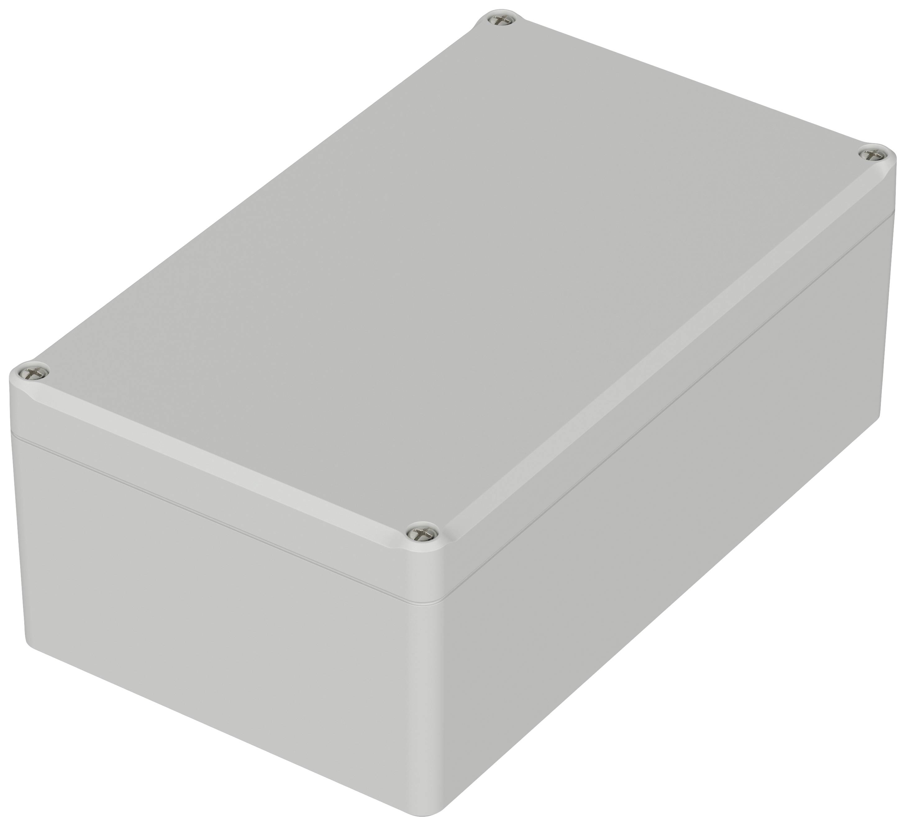 Ein rechteckiges graues Gehäuse mit Schrauben an den Ecken, vermutlich für elektronische Bauteile oder als Schutzabdeckung.