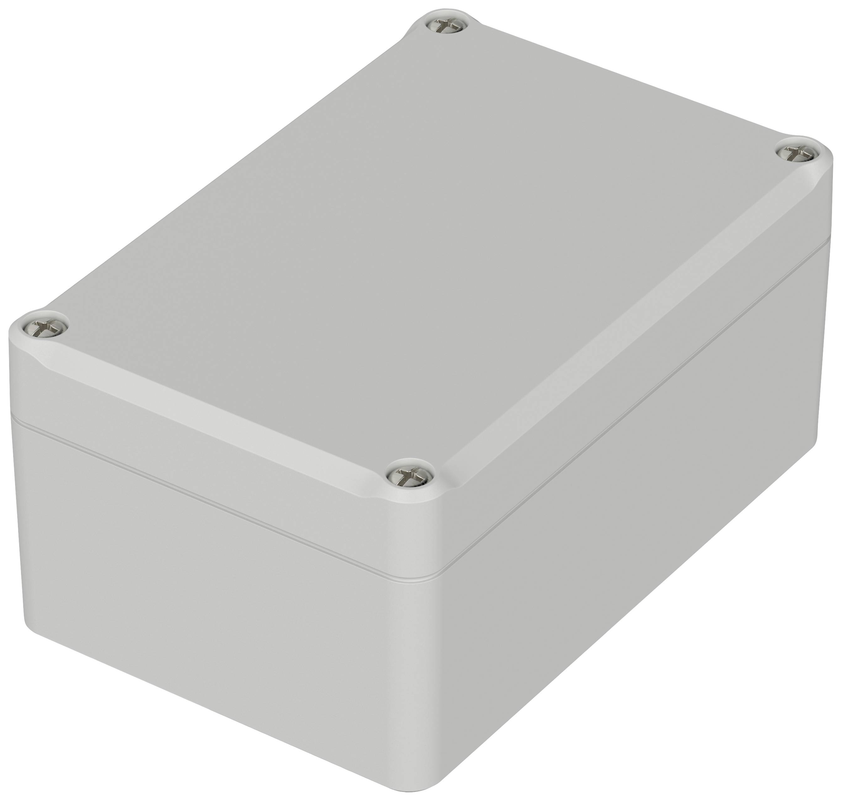 Rechteckiges, graues Gehäuse mit abgerundeten Ecken und Schrauben an den Ecken. Geeignet für den Schutz von elektronischen Komponenten.