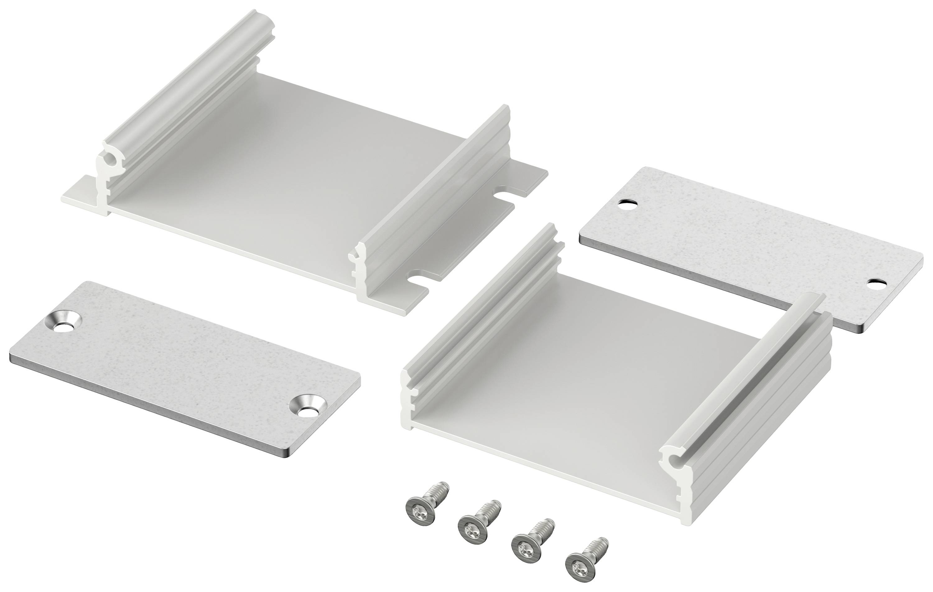Aluminium-Montageset mit zwei Schienen, zwei Metallplatten und vier Schrauben, passend zur Befestigung von Solarmodulen.