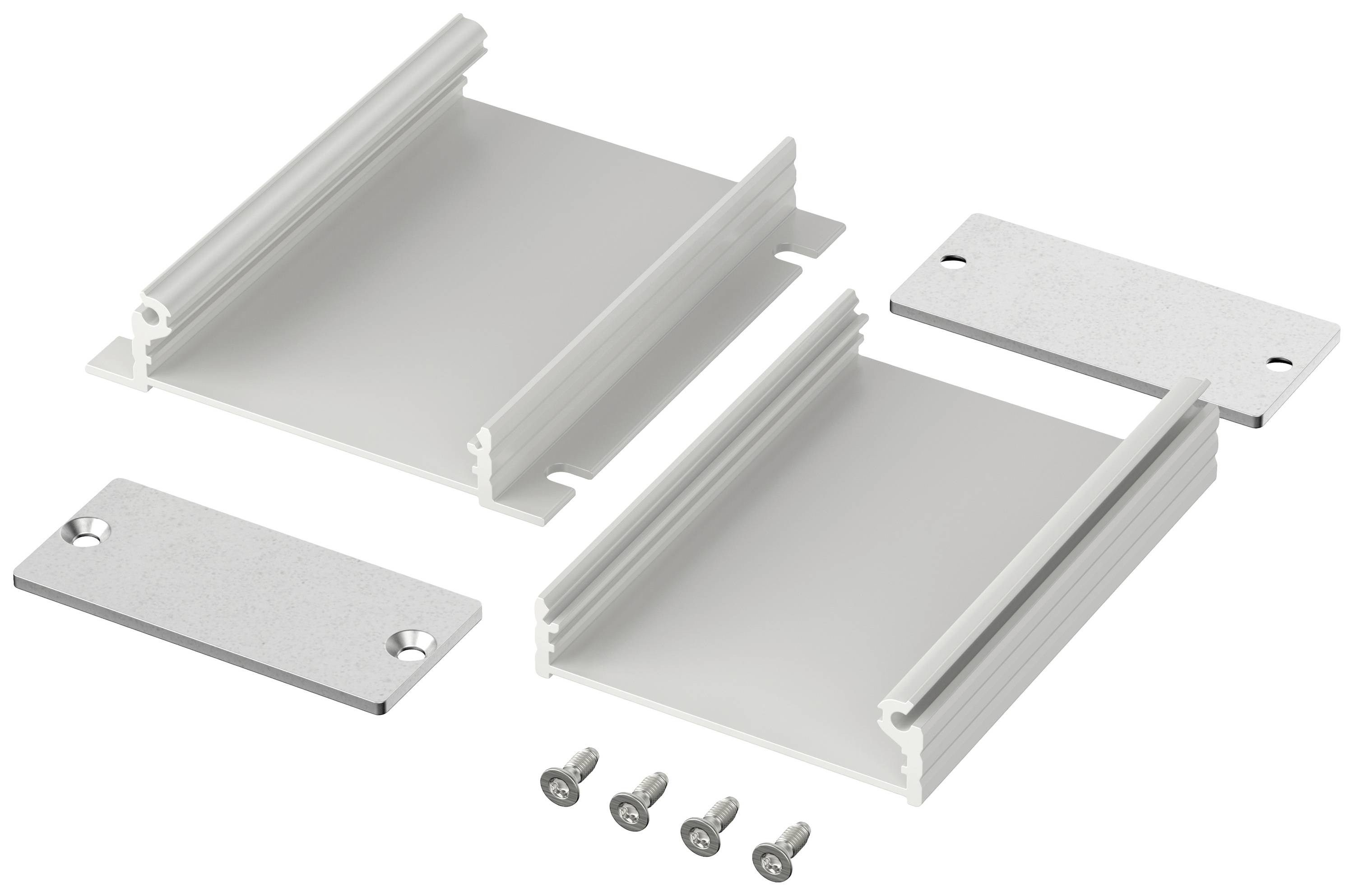 Metallrahmen-Kit mit Schrauben, bestehend aus zwei Seitenteilen und zwei Endplatten. Geeignet für die Montage elektronischer Geräte.