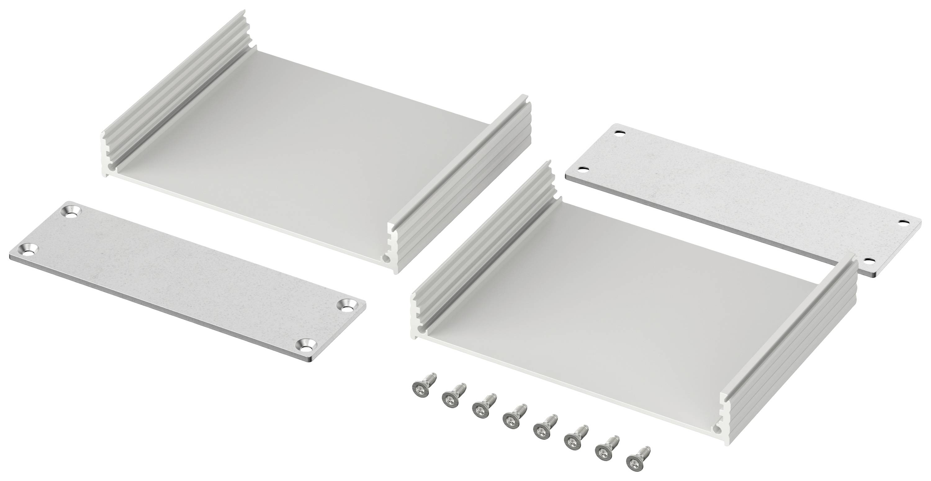 Ein zerlegtes Metallgehäuse mit zwei Seitenwänden, zwei Endplatten und acht Schrauben. Dient zum Schutz von elektronischen Komponenten.