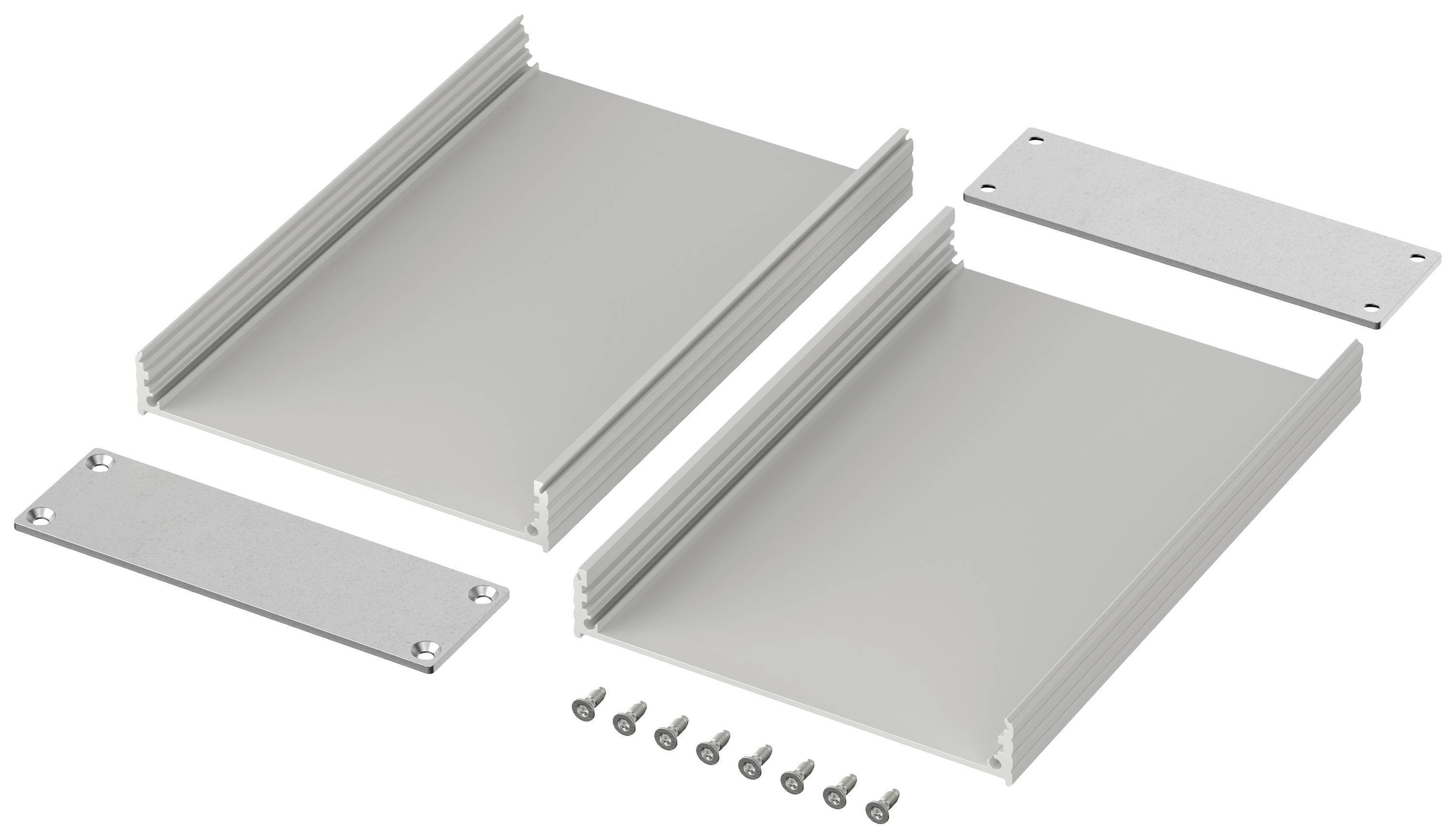 Ein zerlegtes Metallgehäuse-Set mit zwei Hauptteilen, zwei Endplatten und acht Schrauben, bereit zur Montage.