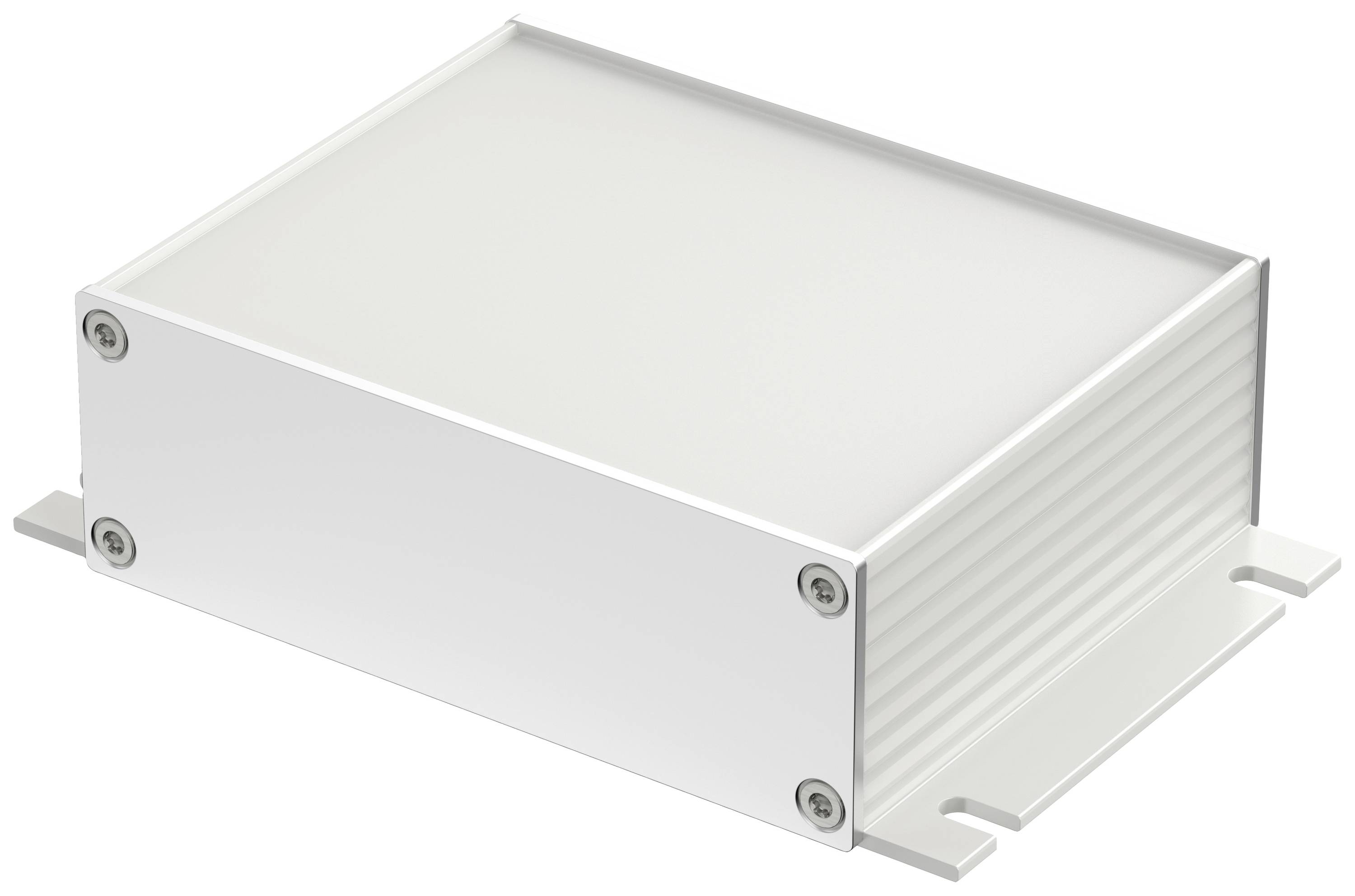 Metallisches Gehäuse mit Schrauben an den Ecken; rechteckige Form und gerippte Seiten. Geeignet für elektronische Bauteile.