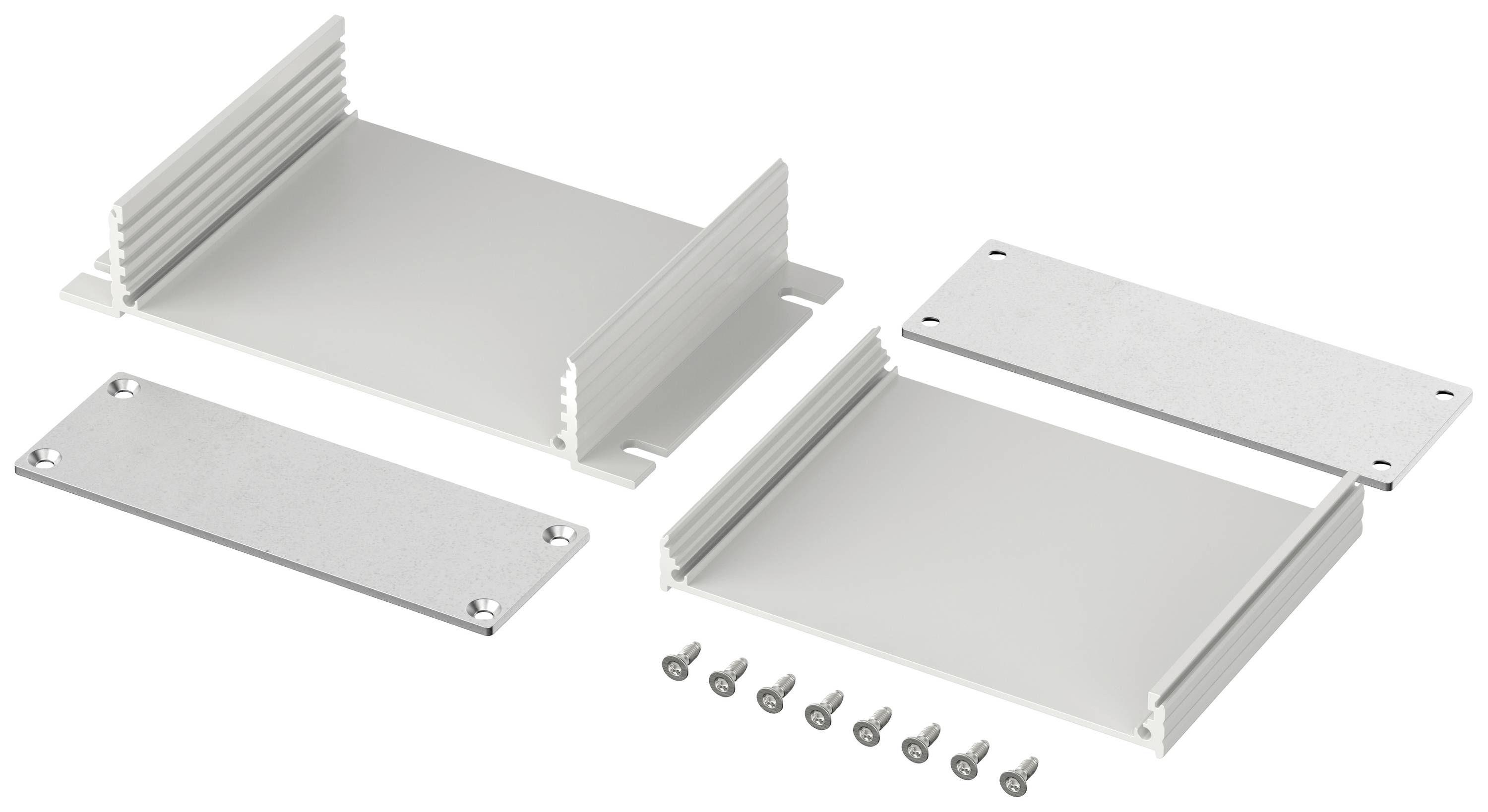 Silbernes Aluminiumgehäuse mit offenen Seiten, separatem Deckel, Bodenplatte und Schrauben zur Montage.