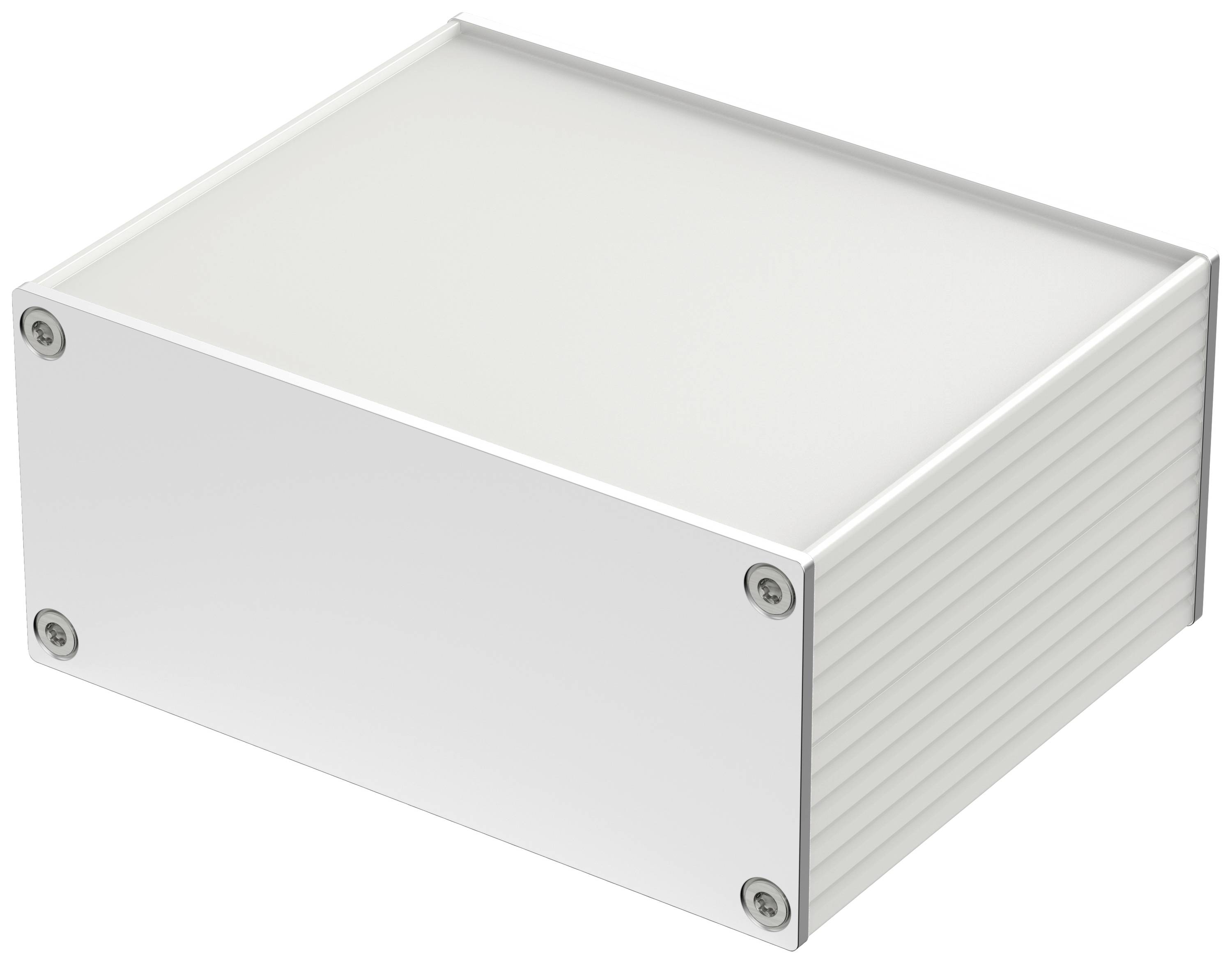 Weiße, rechteckige Metallbox mit abgerundeten Ecken und Schrauben an den Seiten.