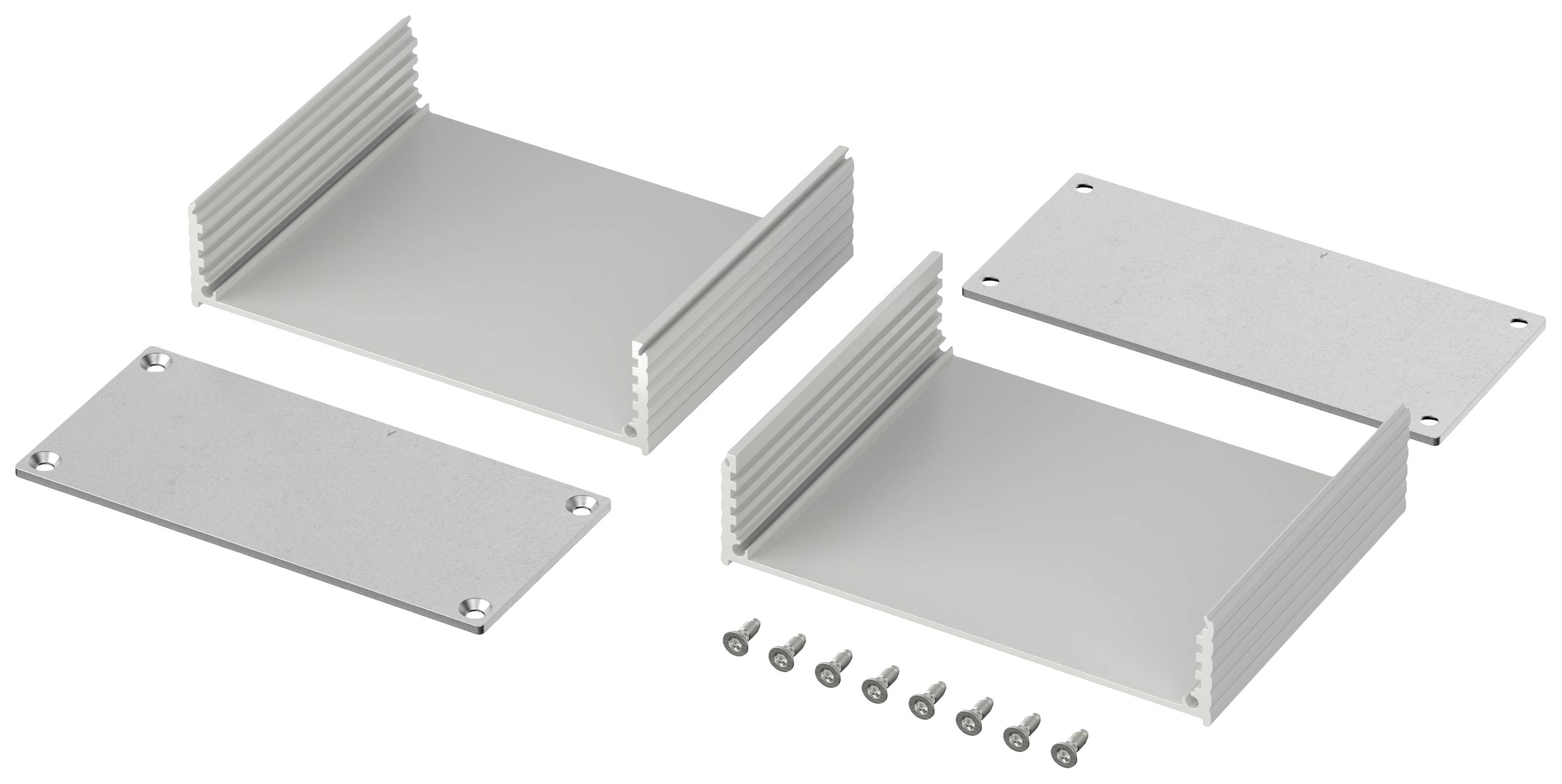Metallgehäuse-Bausatz mit zwei Gehäuseteilen, zwei Abdeckplatten und acht Schrauben, bereit zur Montage.
