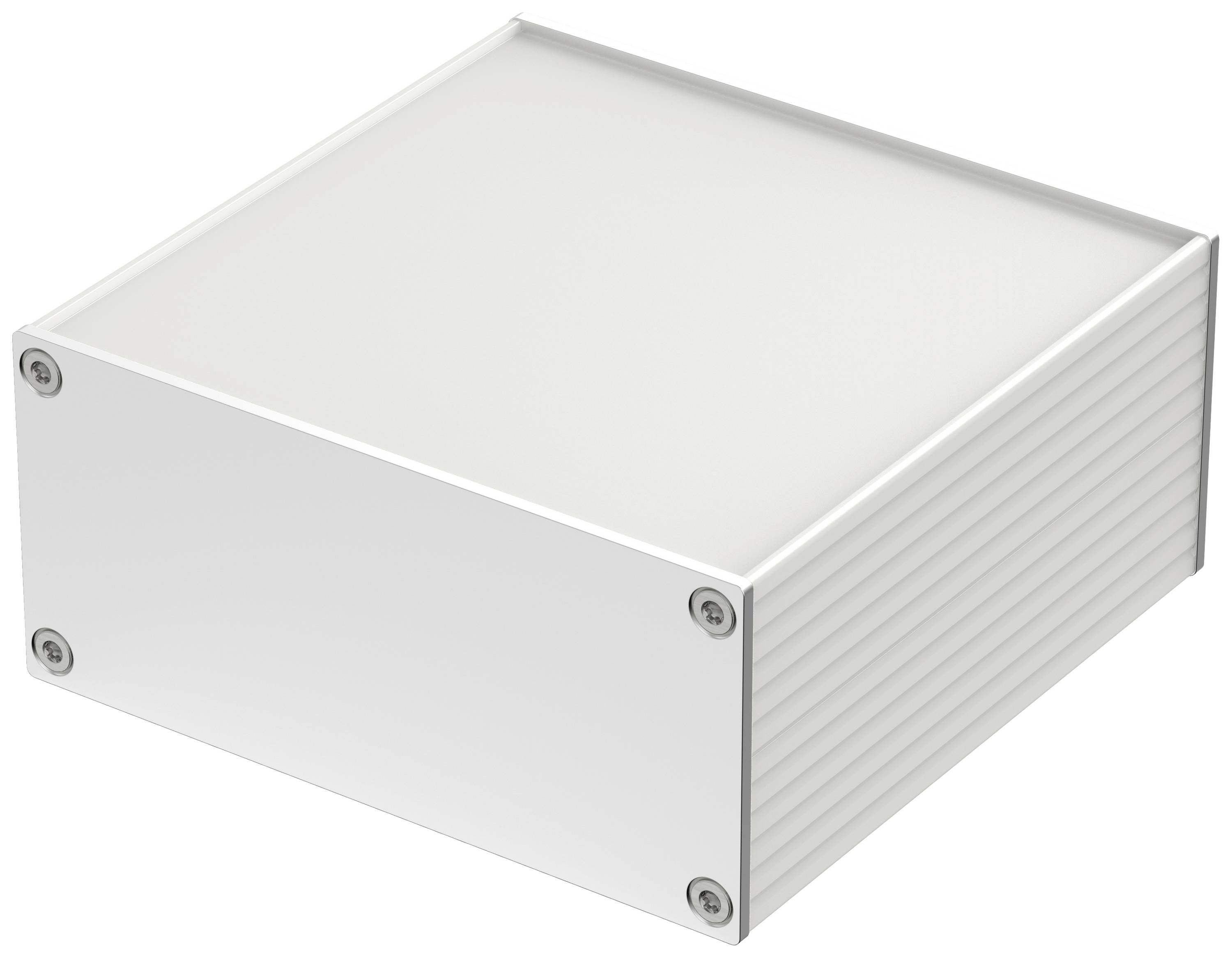 Rechteckiges, weißes elektronisches Gehäuse mit gerippten Seiten und vier sichtbaren Schrauben an den Ecken der Oberseite.