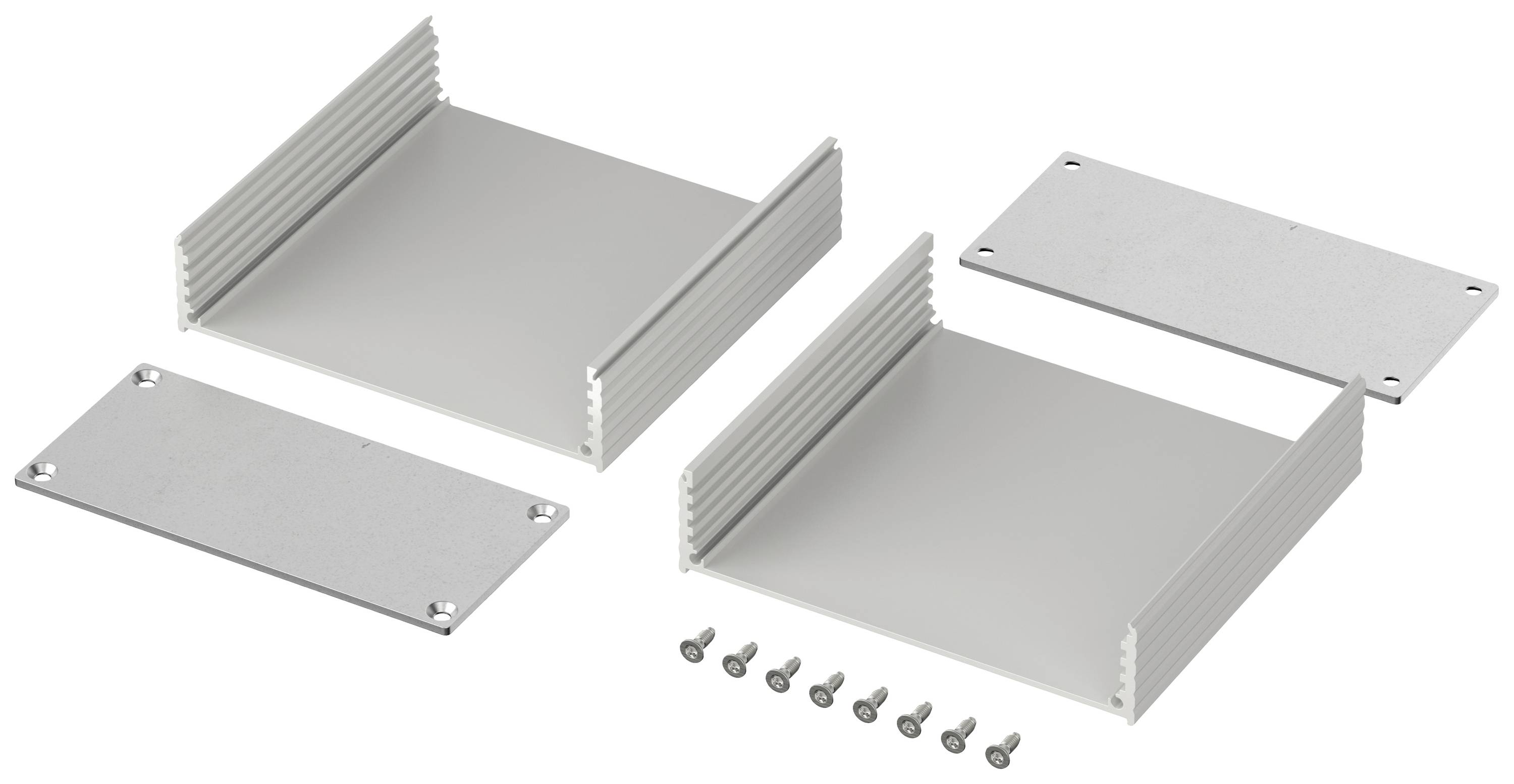 Zwei Aluminiumgehäuse, bestehend aus vier Seitenteilen und zwei Bodenplatten. Acht Schrauben sind zur Befestigung beigefügt.