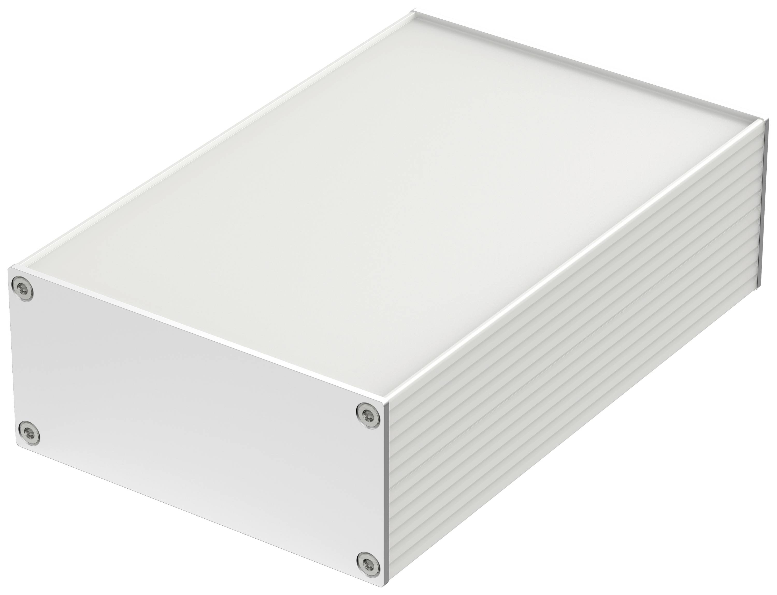 Ein rechteckiges, flaches Elektronikgehäuse aus Metall mit Schrauben an den Ecken, geeignet zur Aufbewahrung technischer Geräte.
