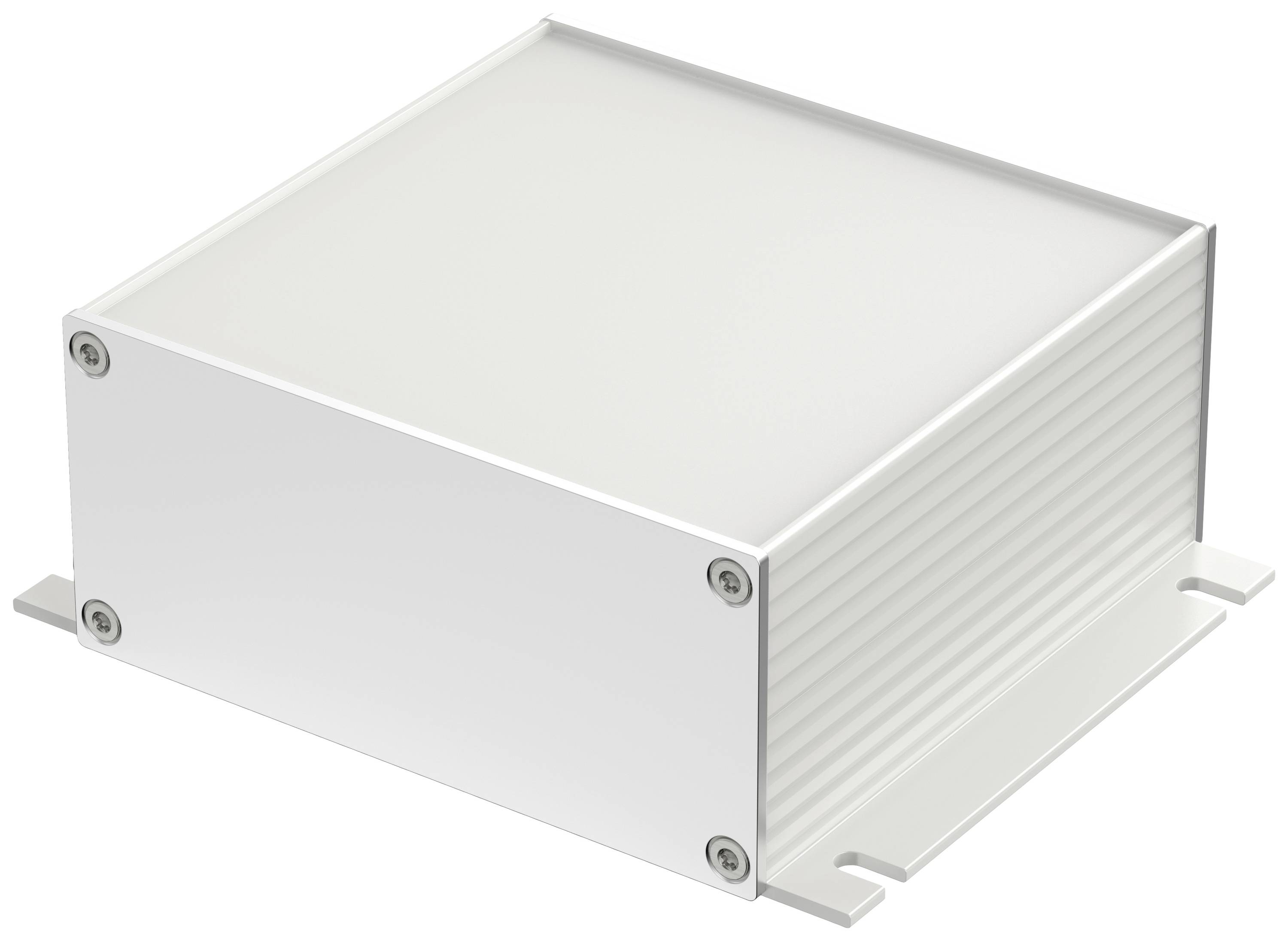 Ein quadratisches, graues Metallgehäuse mit Schrauben an den Ecken und abnehmbarer Abdeckung, geeignet für elektronische Bauteile.