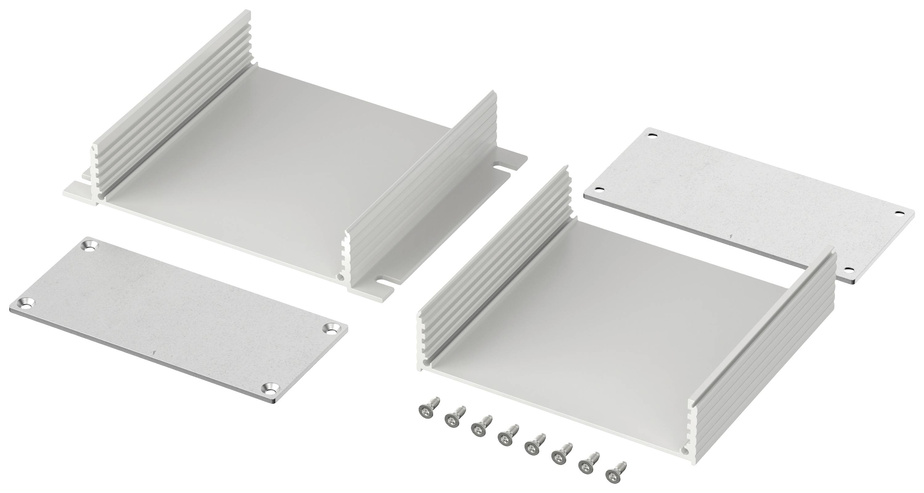 Metallgehäusebausatz mit vier Platten, zwei mit Kühlrippen, und acht Schrauben. Geeignet für den Bau von elektronischen Geräten.