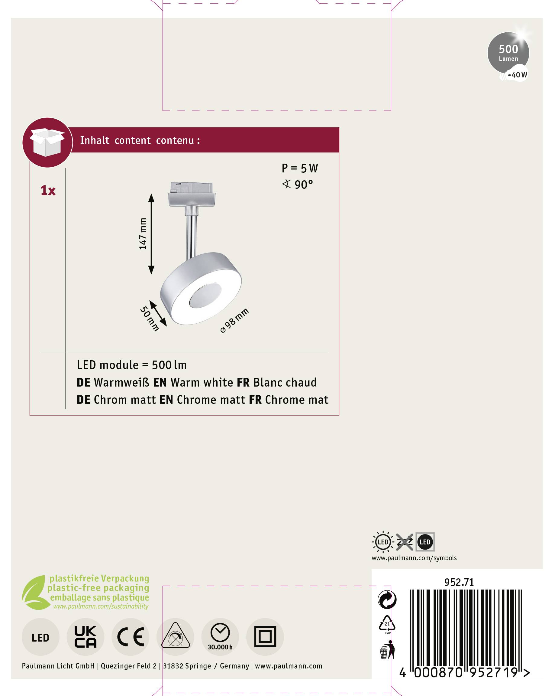 Paulmann Circle Hochvolt-Schienensystem-Leuchte URail LED fest eingebaut 5W LED Chrom (matt)